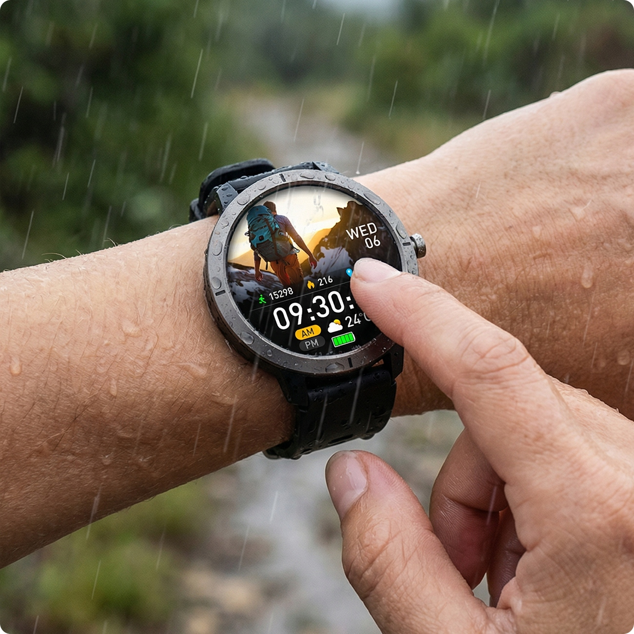 Smartwatch wyświetla statystyki turystów i czas. Deszcz pada na nadgarstek.