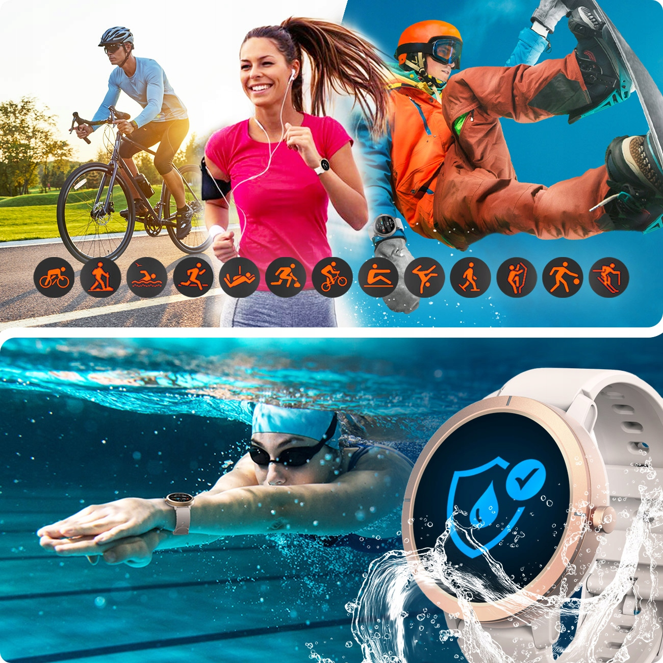 Smartwatch pokazuje ikonę ochrony przed wodą. Kolarz, biegacz, snowboardzista, pływak.
