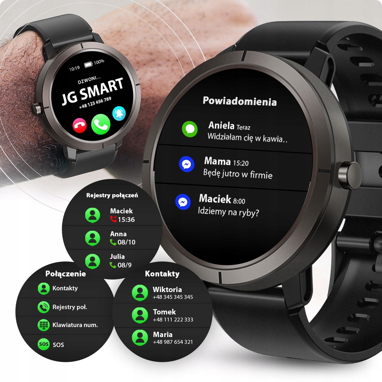 Smartwatch wyświetla połączenia, powiadomienia i kontakty. Widoczne jest przychodzące połączenie od JG SMART.
