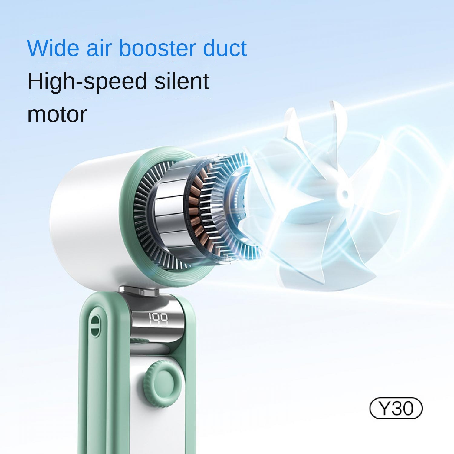 Nahaufnahme eines grünen und weißen Ventilators mit sichtbarem Motor und sich drehenden Flügeln.