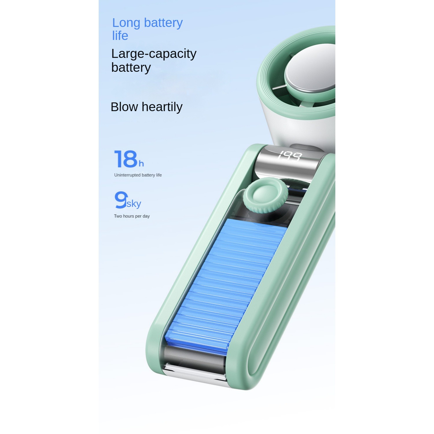 Grüner Lüfter mit blauer Batterie. Text: Lange Akkulaufzeit, 18h ununterbrochen.