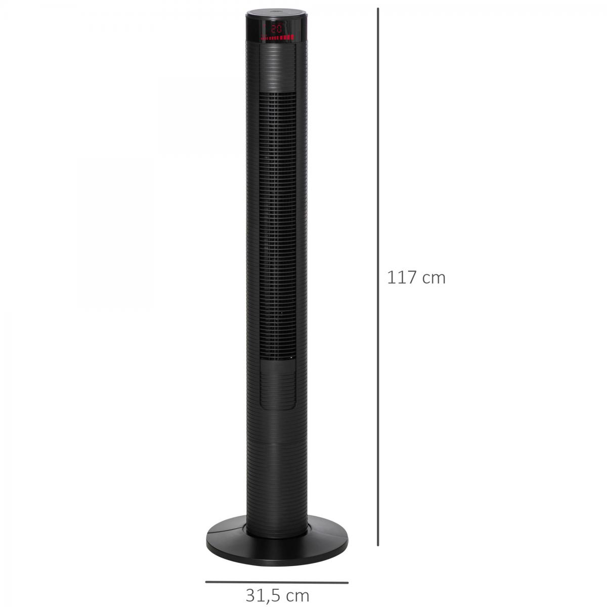 Ein schlanker, schwarzer Turmventilator mit digitaler Anzeige und Maßen.