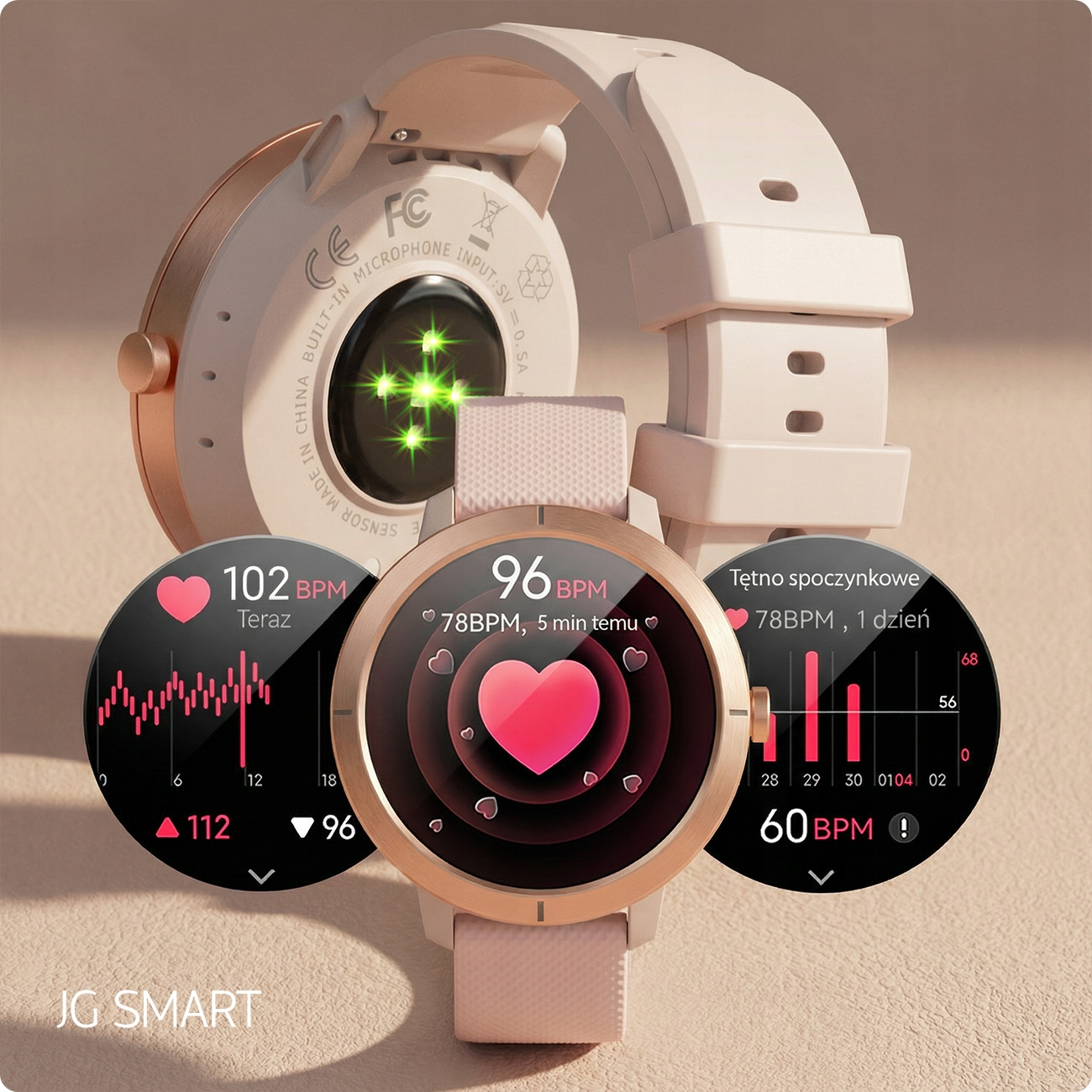 Różowy smartwatch wyświetlający odczyty tętna, w tym 102 BPM, 96 BPM i 60 BPM.