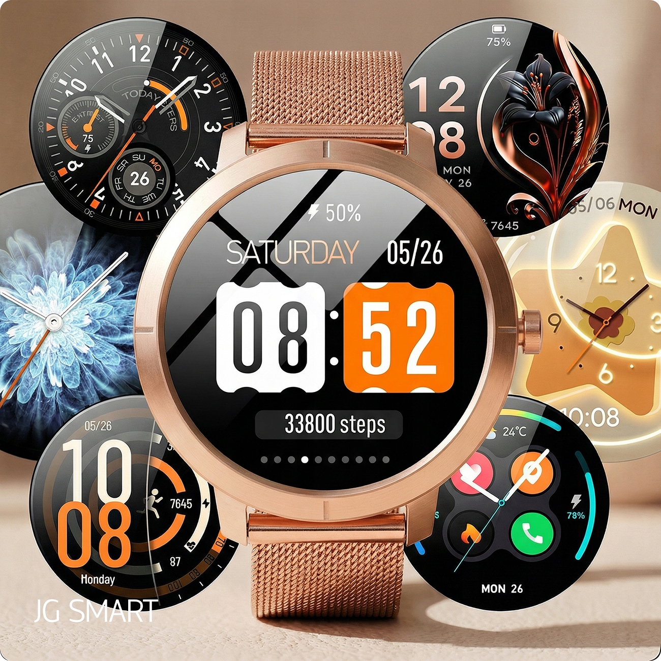 Zegarek typu smartwatch w kolorze różowego złota z różnymi tarczami i licznikiem kroków.
