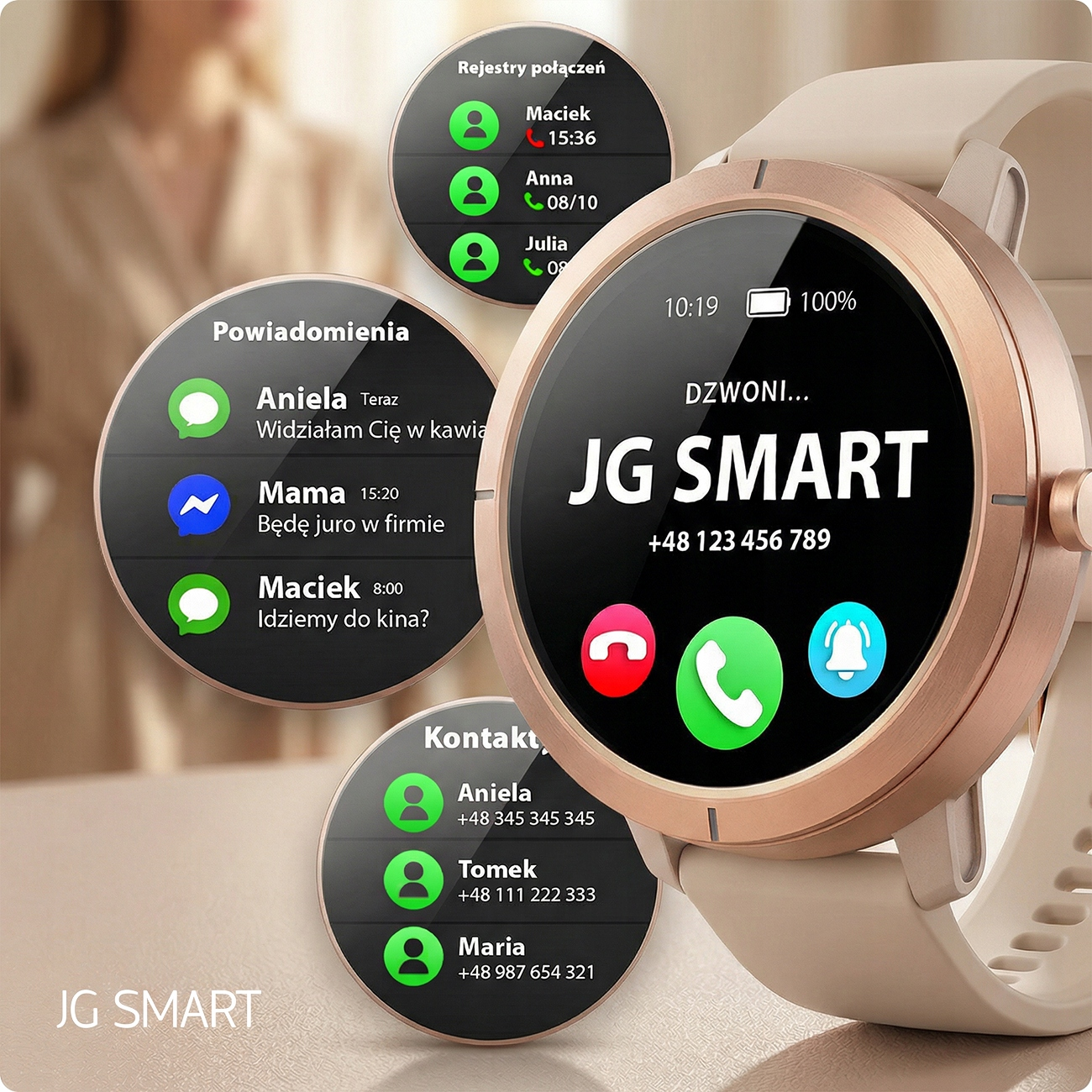 Różowozłoty smartwatch wyświetla połączenia, wiadomości i kontakty.