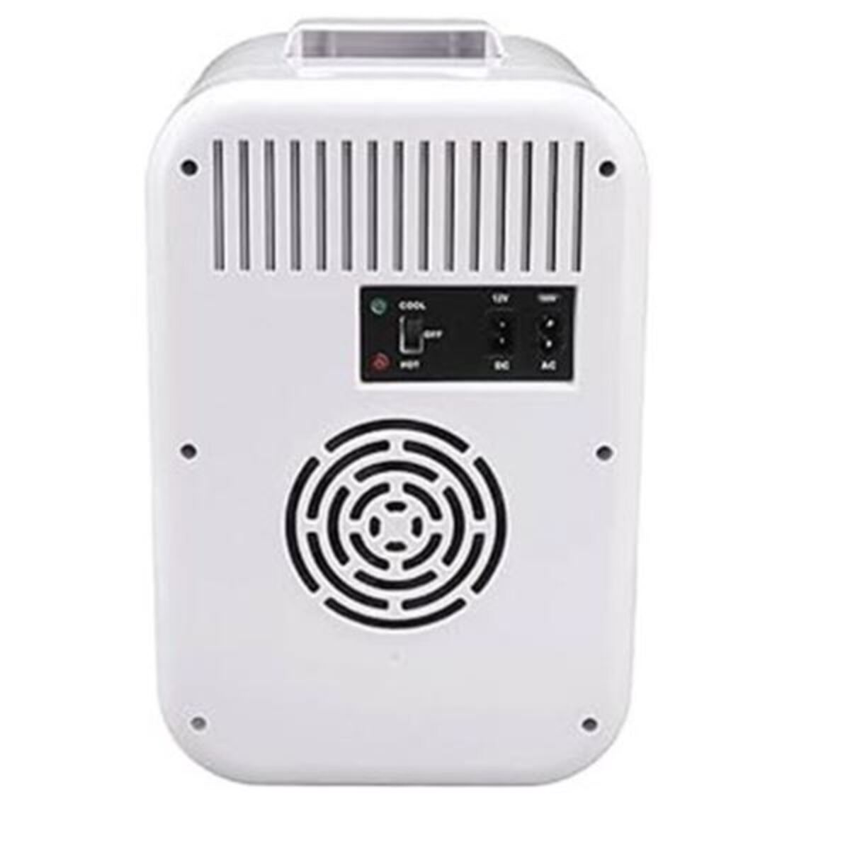 Caja refrigeradora blanca con rejillas traseras, ventilador y panel de control.