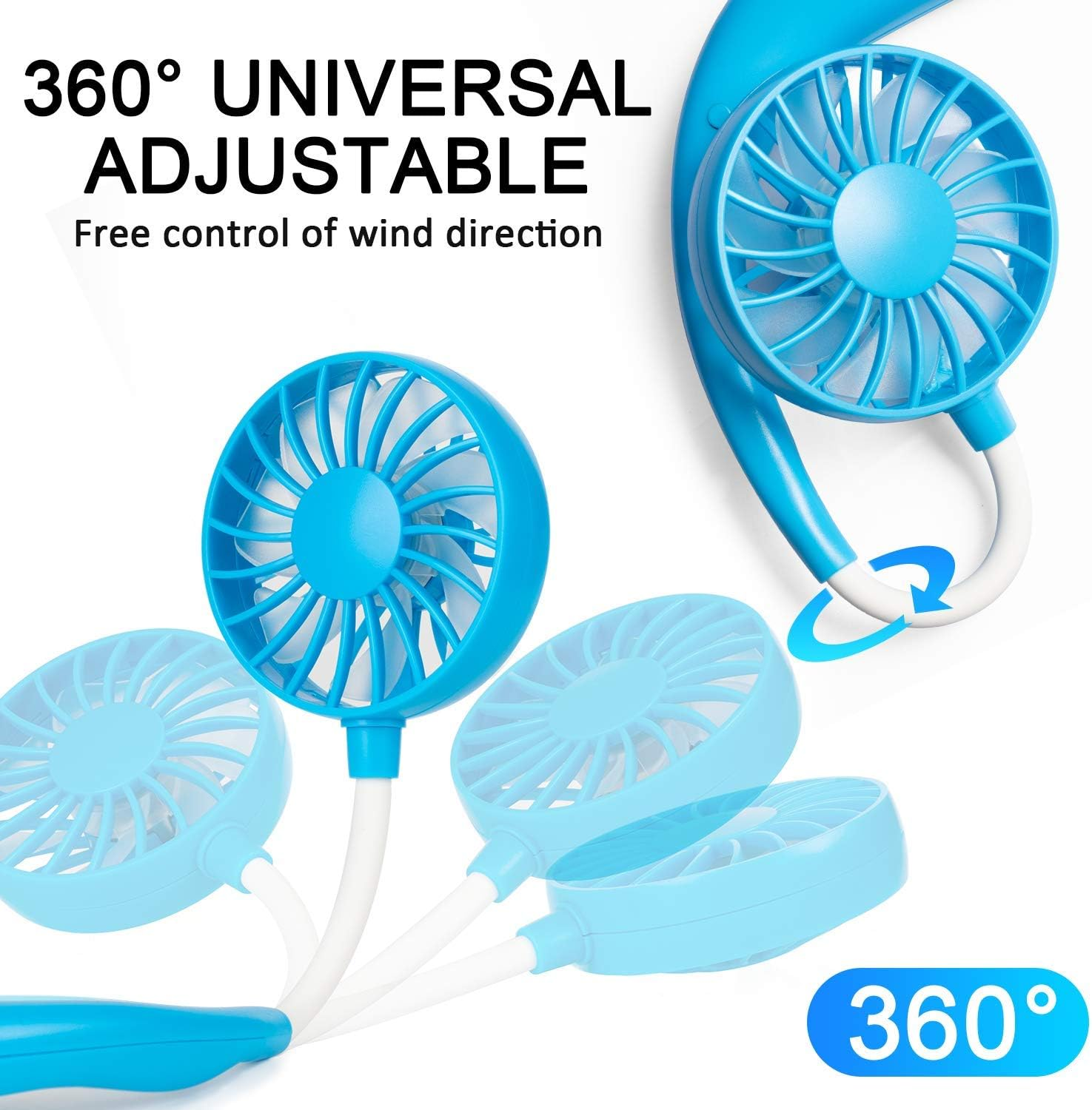 Ein blauer Nackenventilator mit drei Lüfterköpfen und 360-Grad-Einstellung.