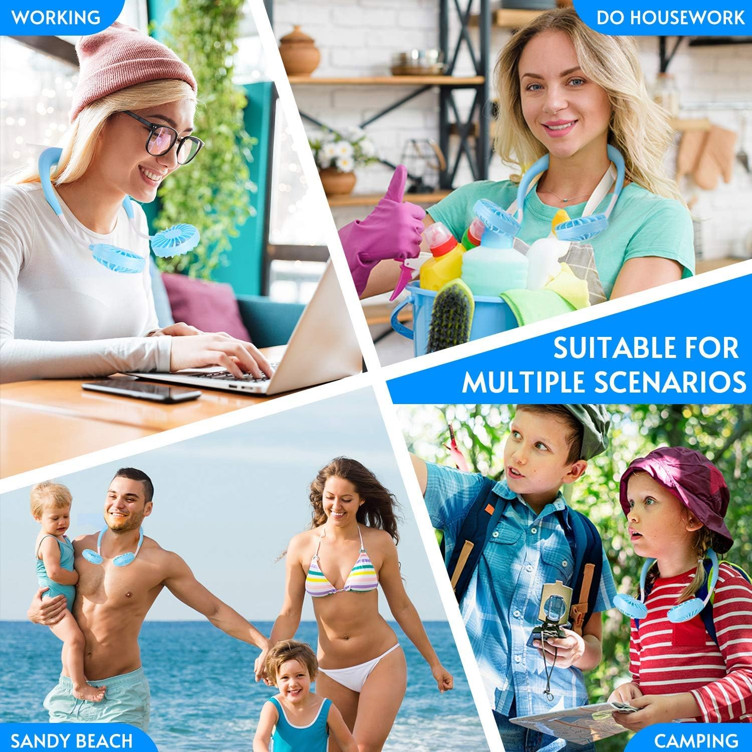 Collage von Personen mit tragbaren Ventilatoren: Arbeit, Hausarbeit, Strand, Camping.