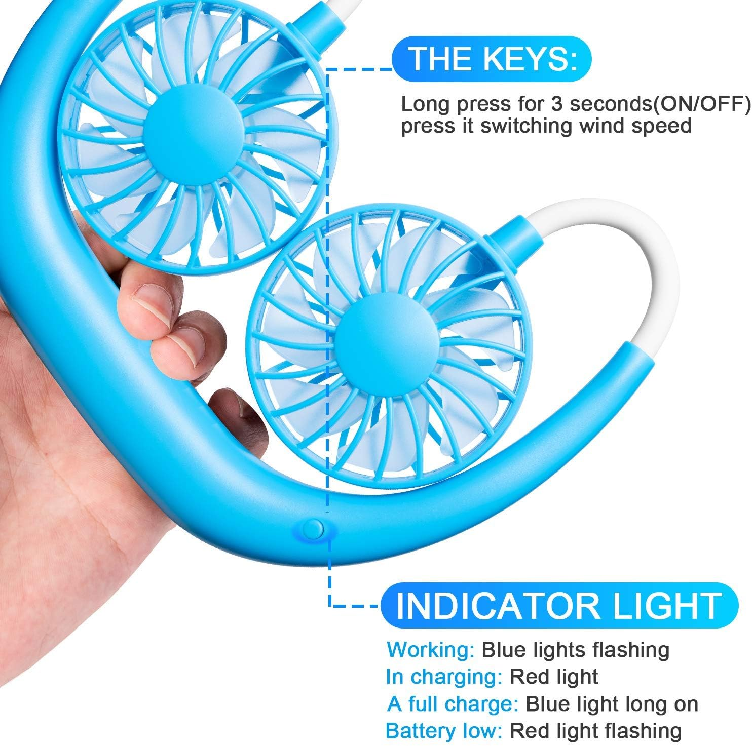 Ein blaues Nackenventilator mit zwei Lüftern und Anweisungen zur Bedienung.