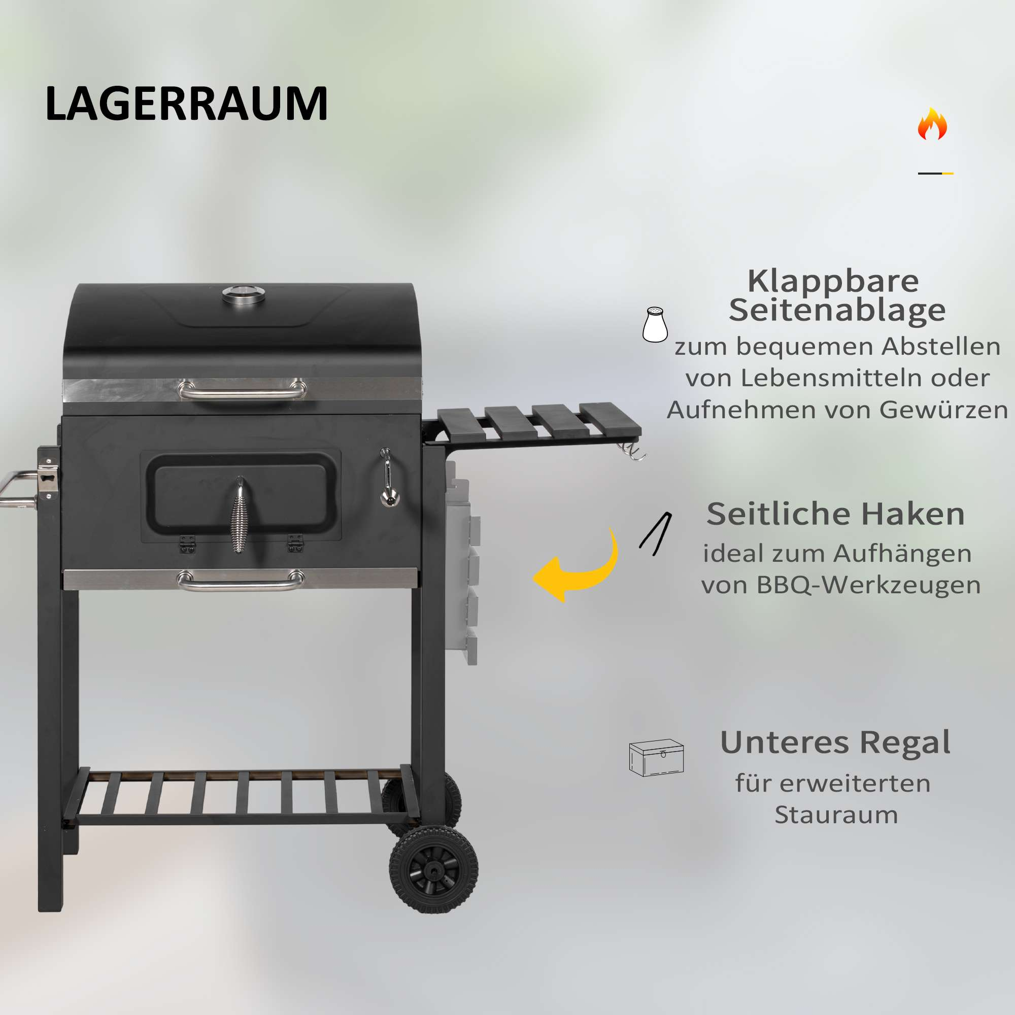 Schwarzer Grill mit ausklappbarer Seitenablage, Haken und unterem Regal.