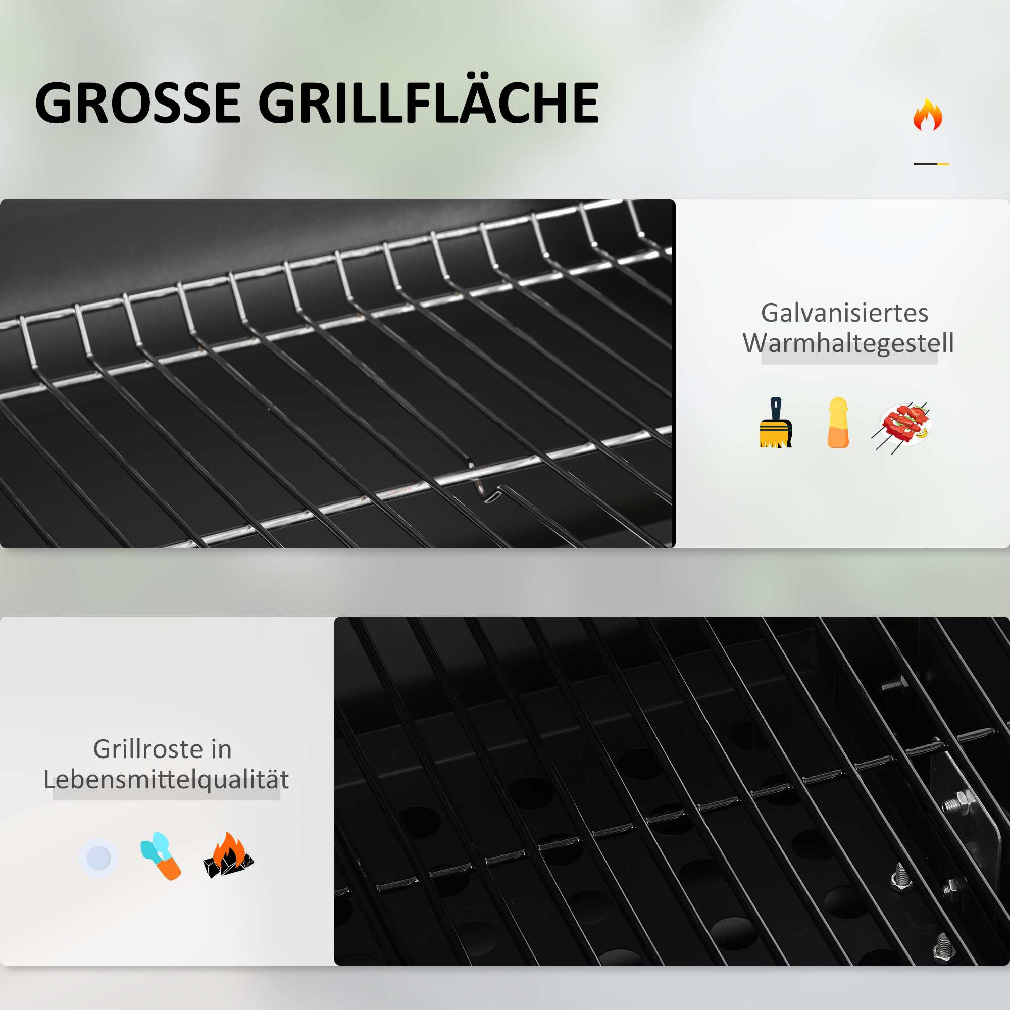 Große Grillfläche mit Grillrosten in Lebensmittelqualität und Warmhaltegestell.