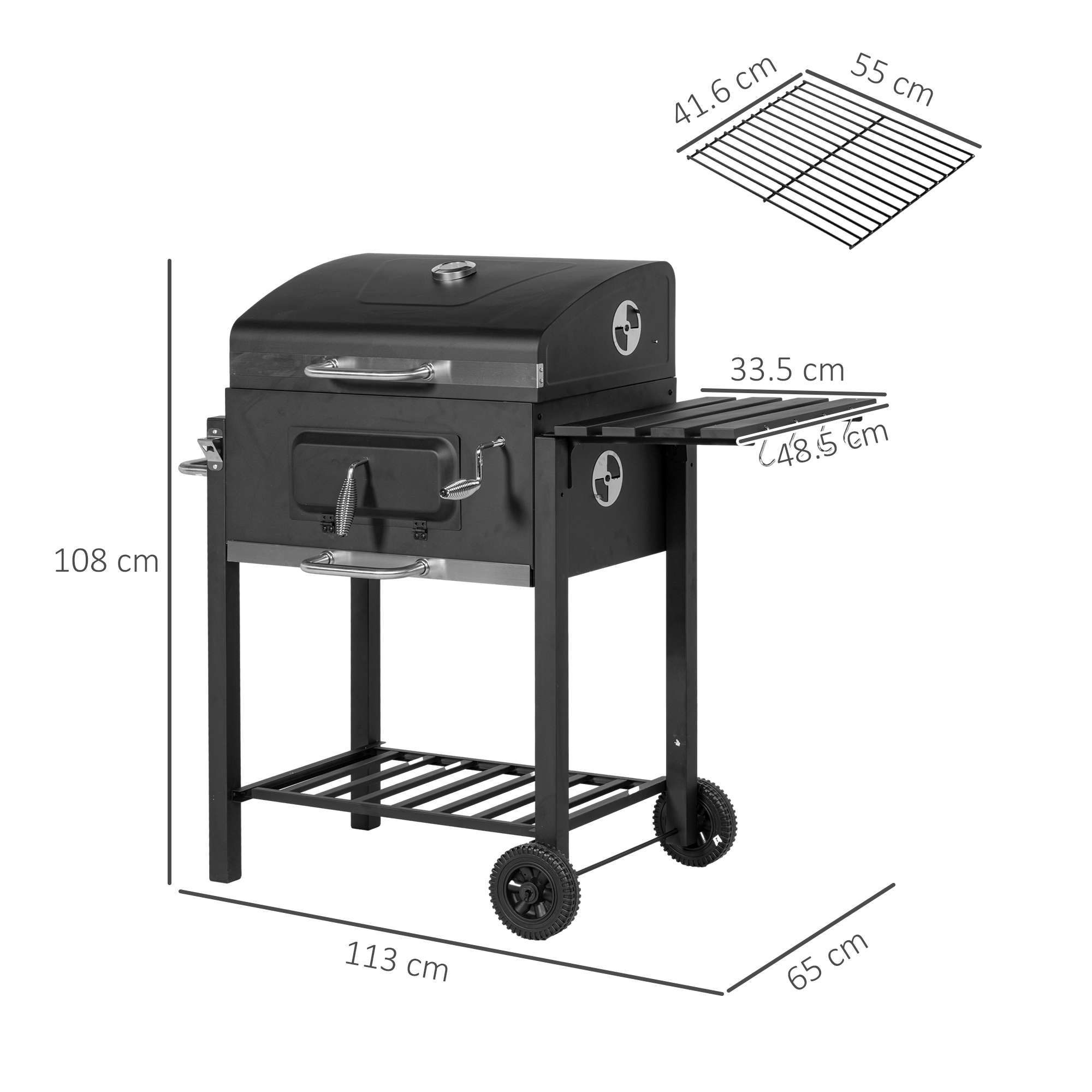 Schwarzer Grill mit Maßen, Rädern und einem separaten Rost.