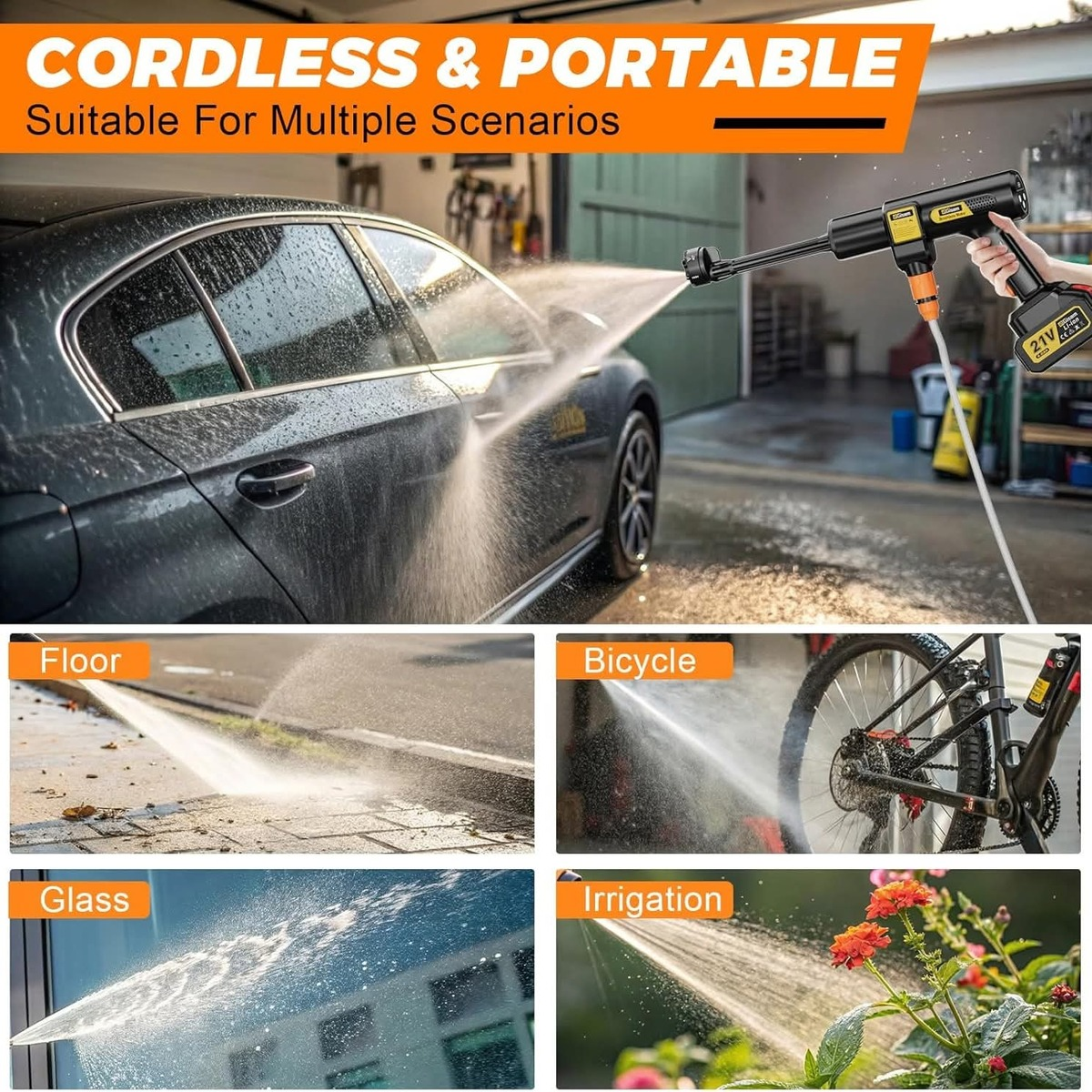 Una hidrolimpiadora limpia coche, suelo, bici, ventana y plantas.