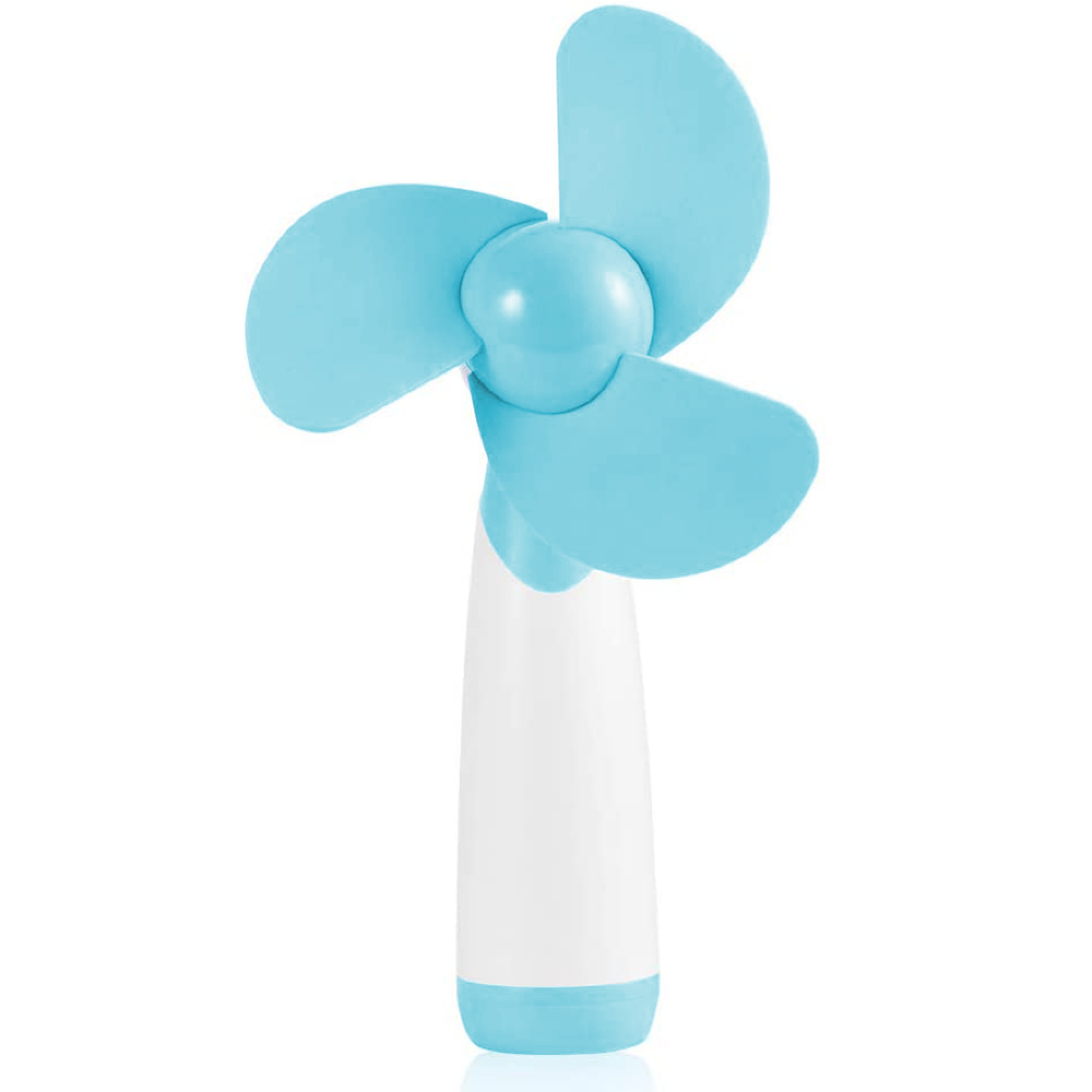 Ein kleiner, tragbarer Ventilator mit weißen Griff und blauen Rotorblättern.
