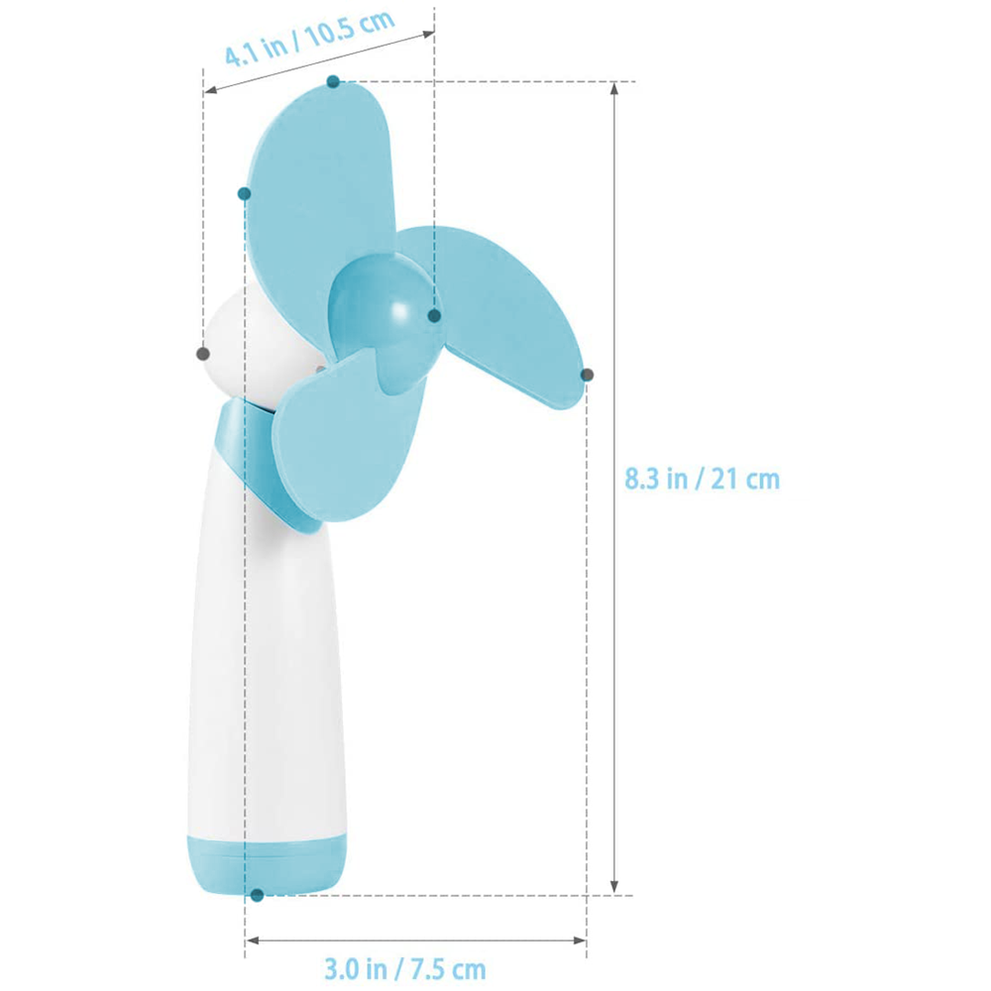 Ein tragbarer Ventilator in Weiß und Hellblau mit Maßen.