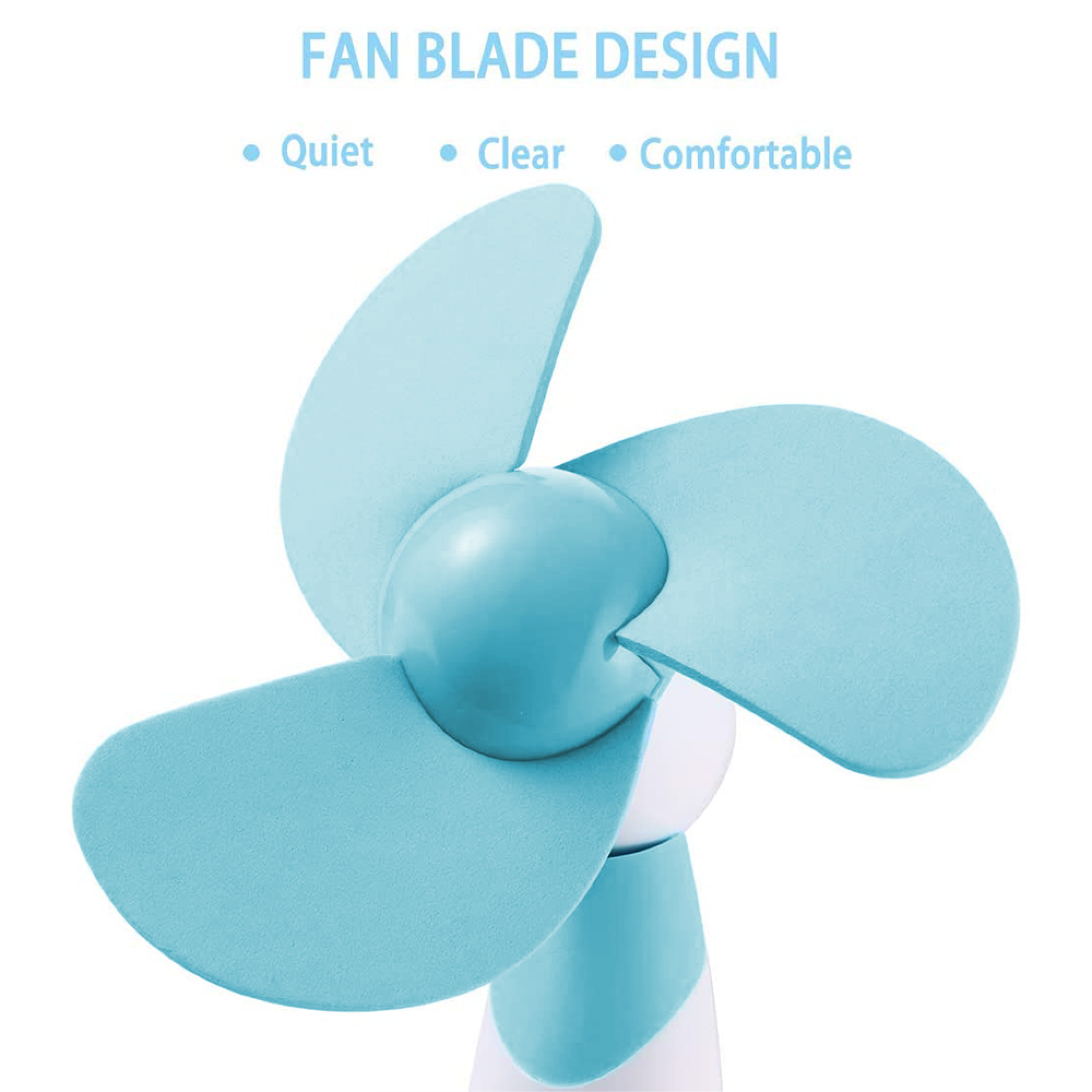 Ein blauer kleiner Ventilator mit drei Flügeln, auf weißem Hintergrund.