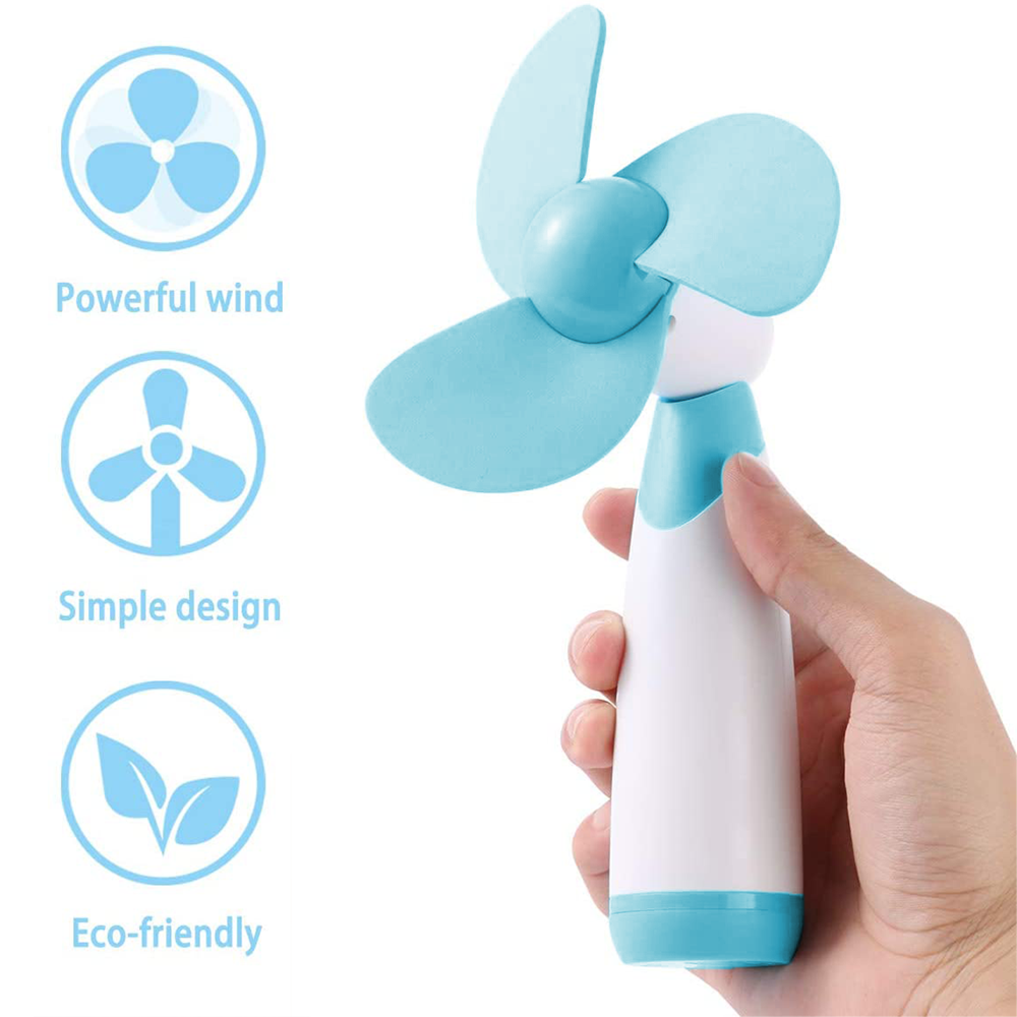 Eine Hand hält einen hellblauen und weißen tragbaren Ventilator. Symbole zeigen Wind, Design und Blätter.