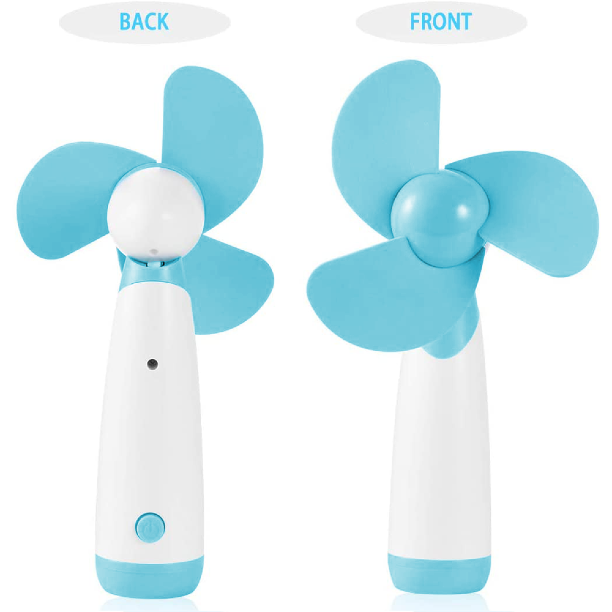 Ein blauer und weißer Handventilator von vorne und hinten.