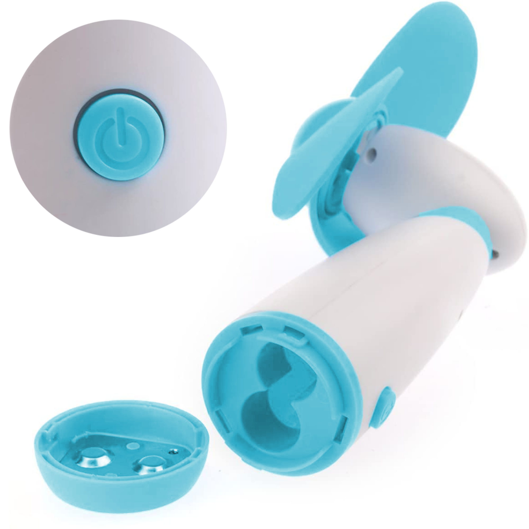 Ein tragbarer weißer Ventilator mit blauen Akzenten und einem Power-Knopf.
