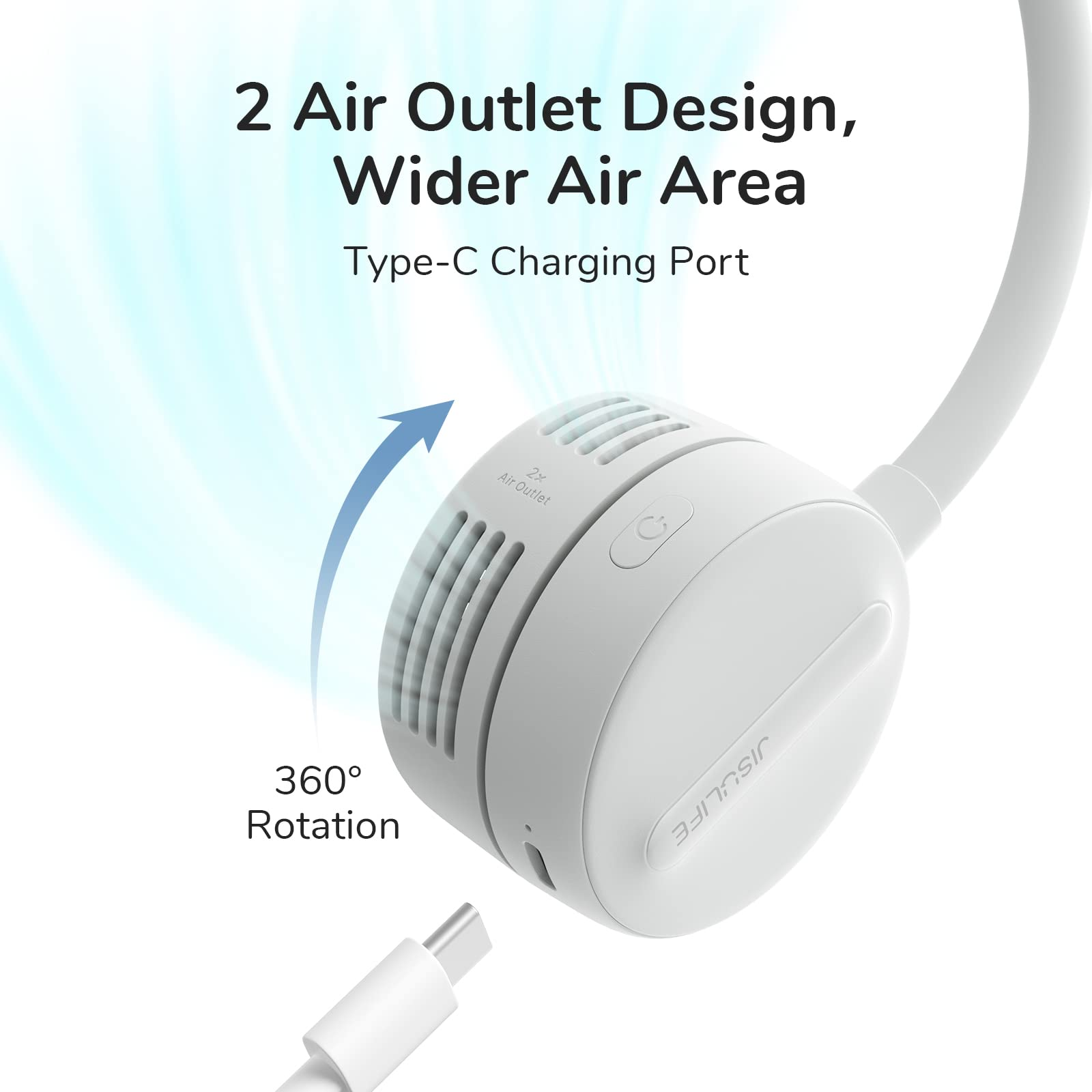 Weißer Nackenfächer mit 2 Luftauslässen, 360° Drehung und USB-C-Anschluss.