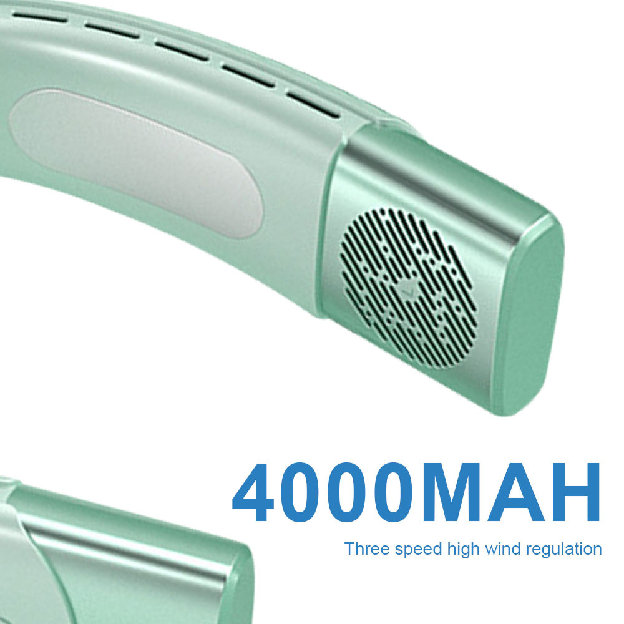 Ein mintgrüner Nackenventilator mit Lüftungsschlitzen und 4000 mAh.