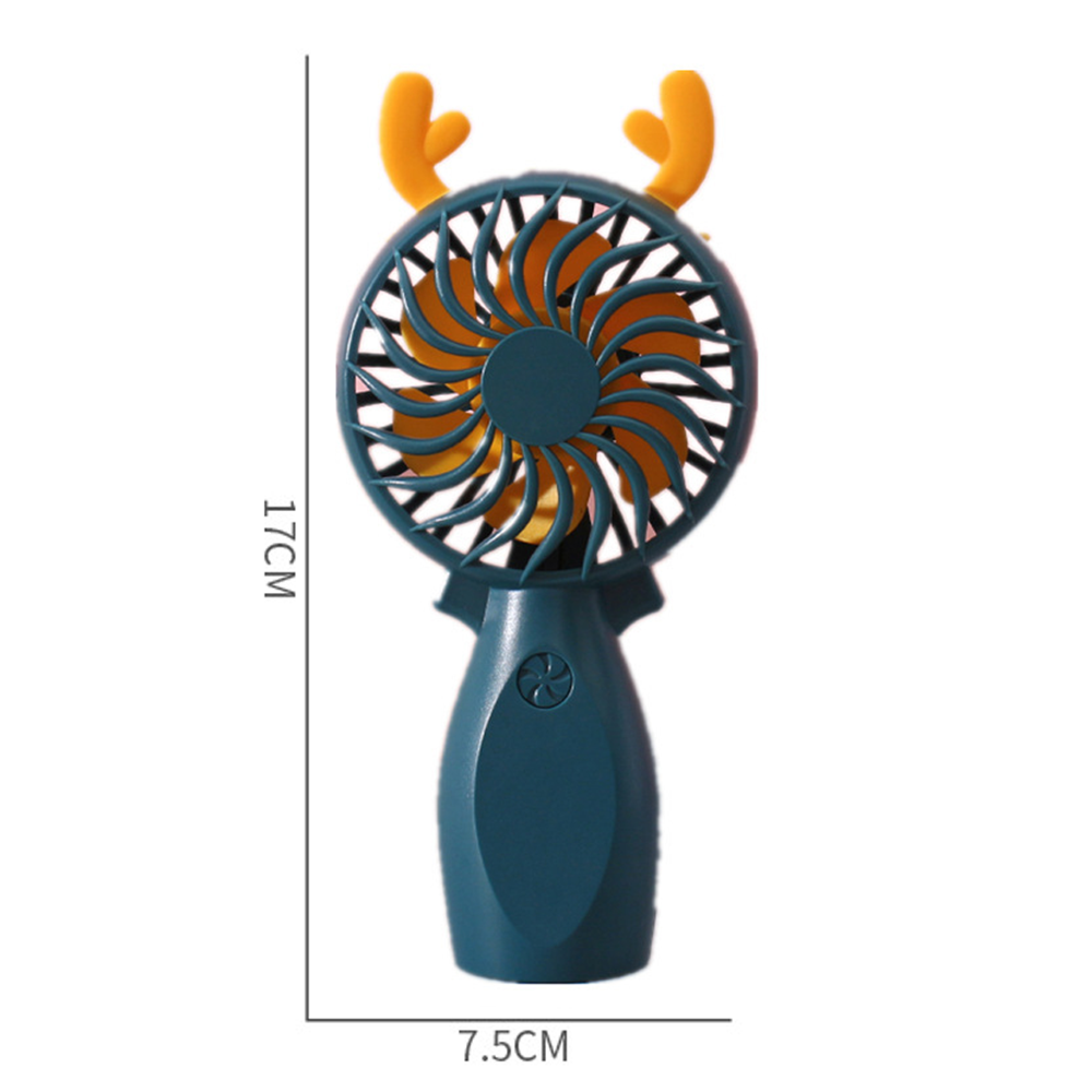 Ein blauer Handventilator mit gelben Rentierhörnern und gelbem Rotor.