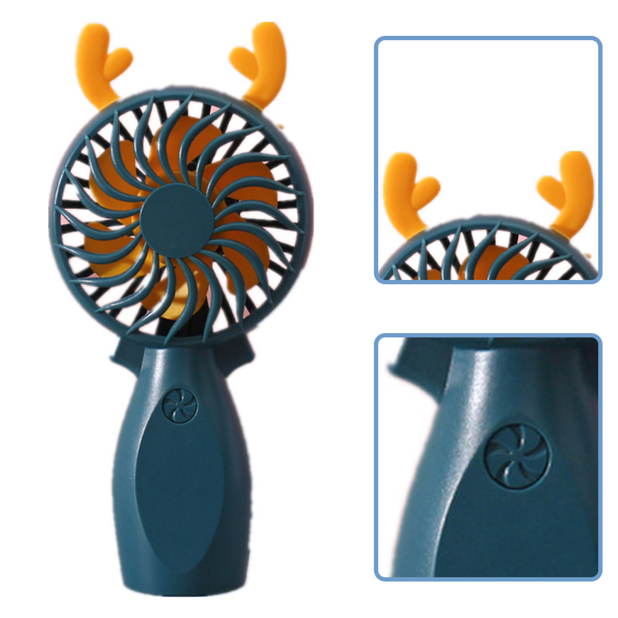 Ein blauer Handventilator mit gelben Rentierhörnern und gelben Rotorblättern.