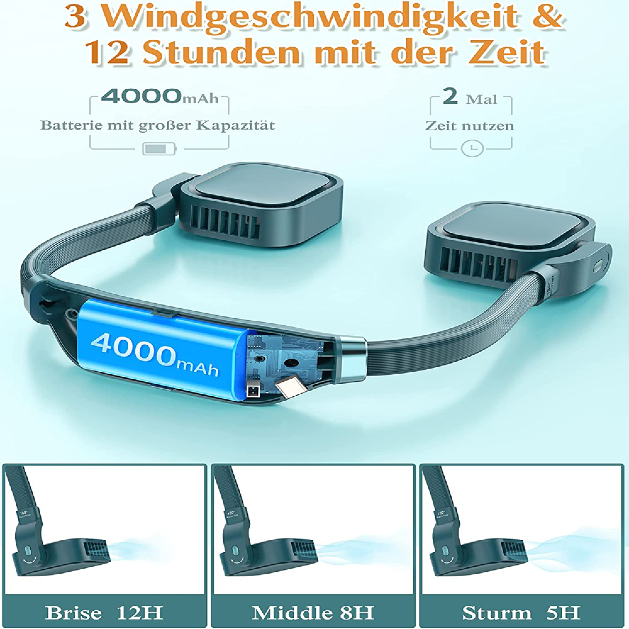 Nackenventilator mit 4000mAh Akku, 3 Geschwindigkeiten, bis zu 12h Laufzeit.