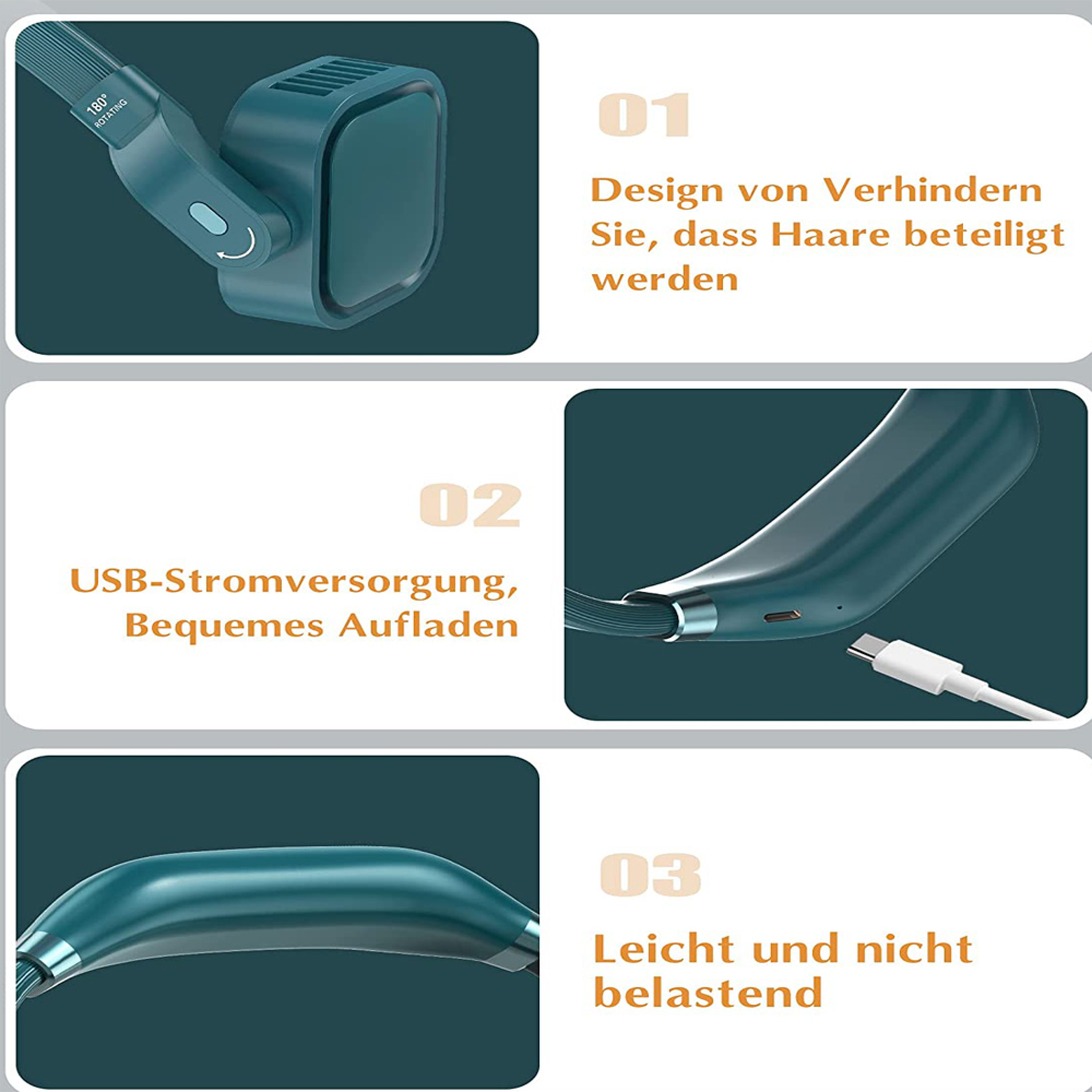 Collage eines teal Nackenfans mit 180 Grad Drehung, USB-Aufladung und leichtem Design.