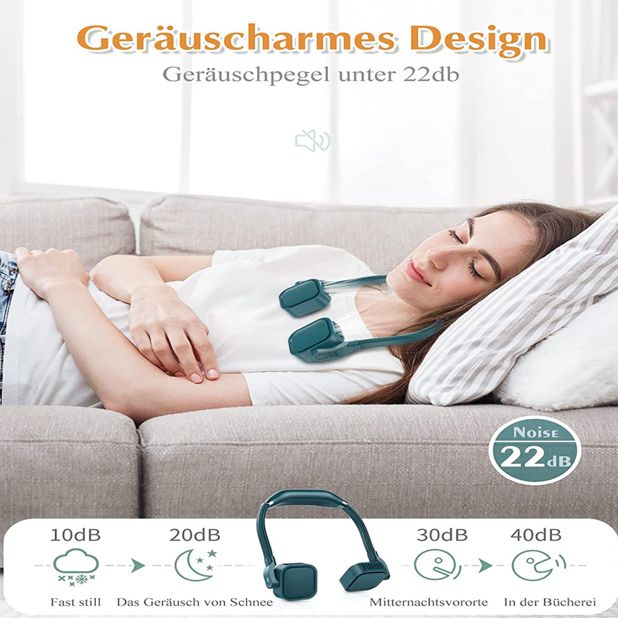 Frau schläft auf Sofa mit Nackenventilator, leises Design unter 22db.