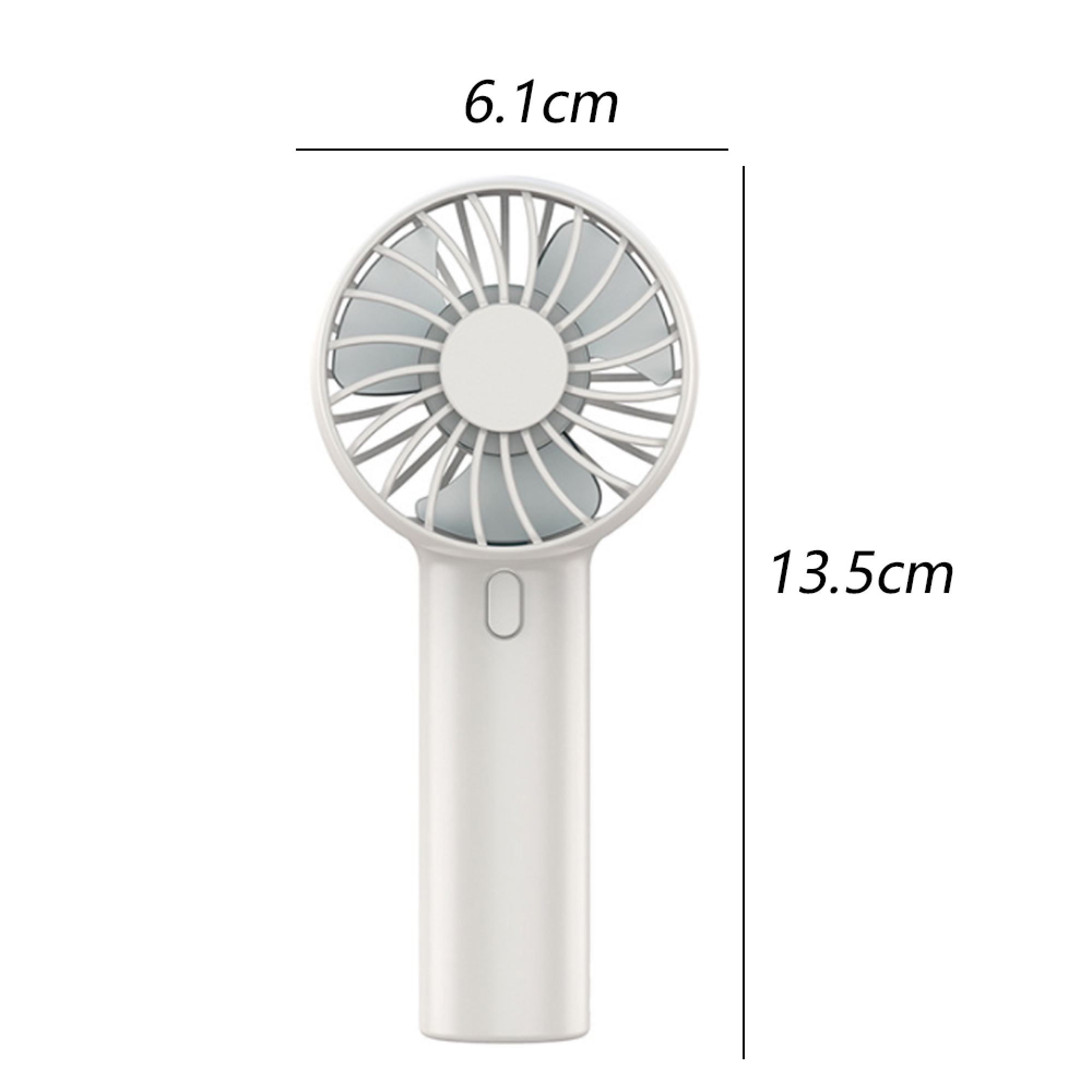 Ein kleiner weißer Ventilator mit Griff und einem Knopf. Maße: 6,1 x 13,5 cm.