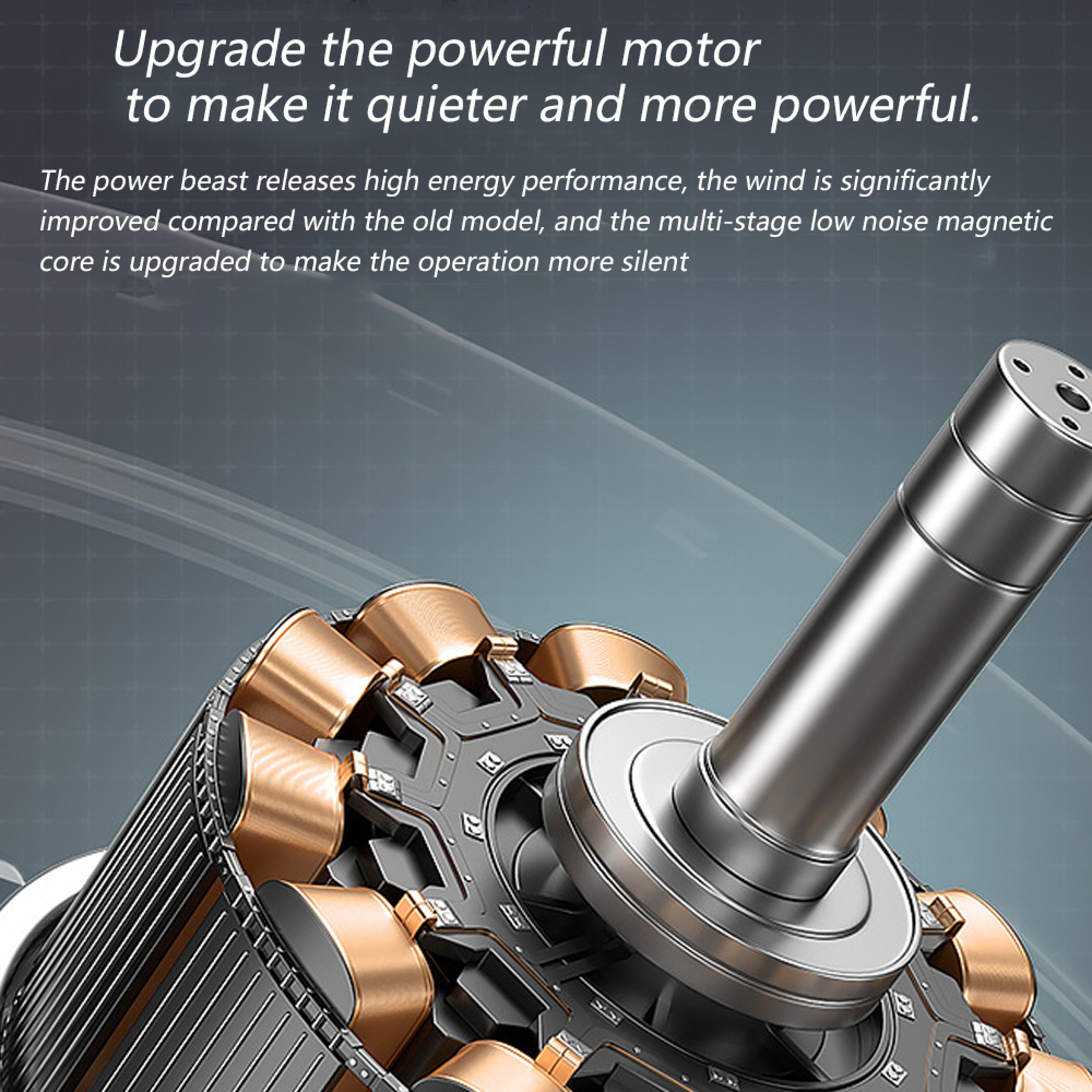 Ein detaillierter Motor mit Kupferwicklungen und einem Metallschaft auf grauem Hintergrund.