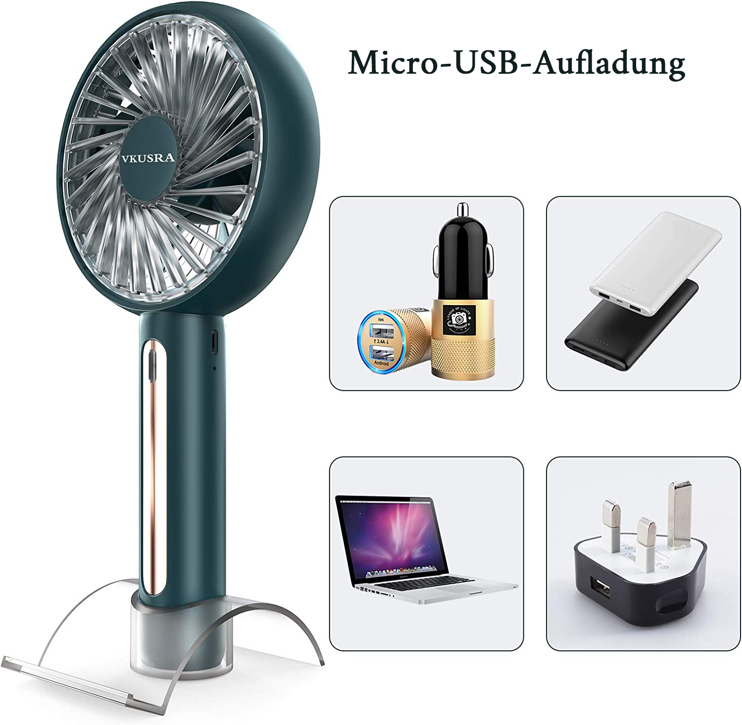 Ein dunkelgrüner Handventilator mit Mikro-USB-Ladeanzeige und verschiedenen Ladeoptionen.