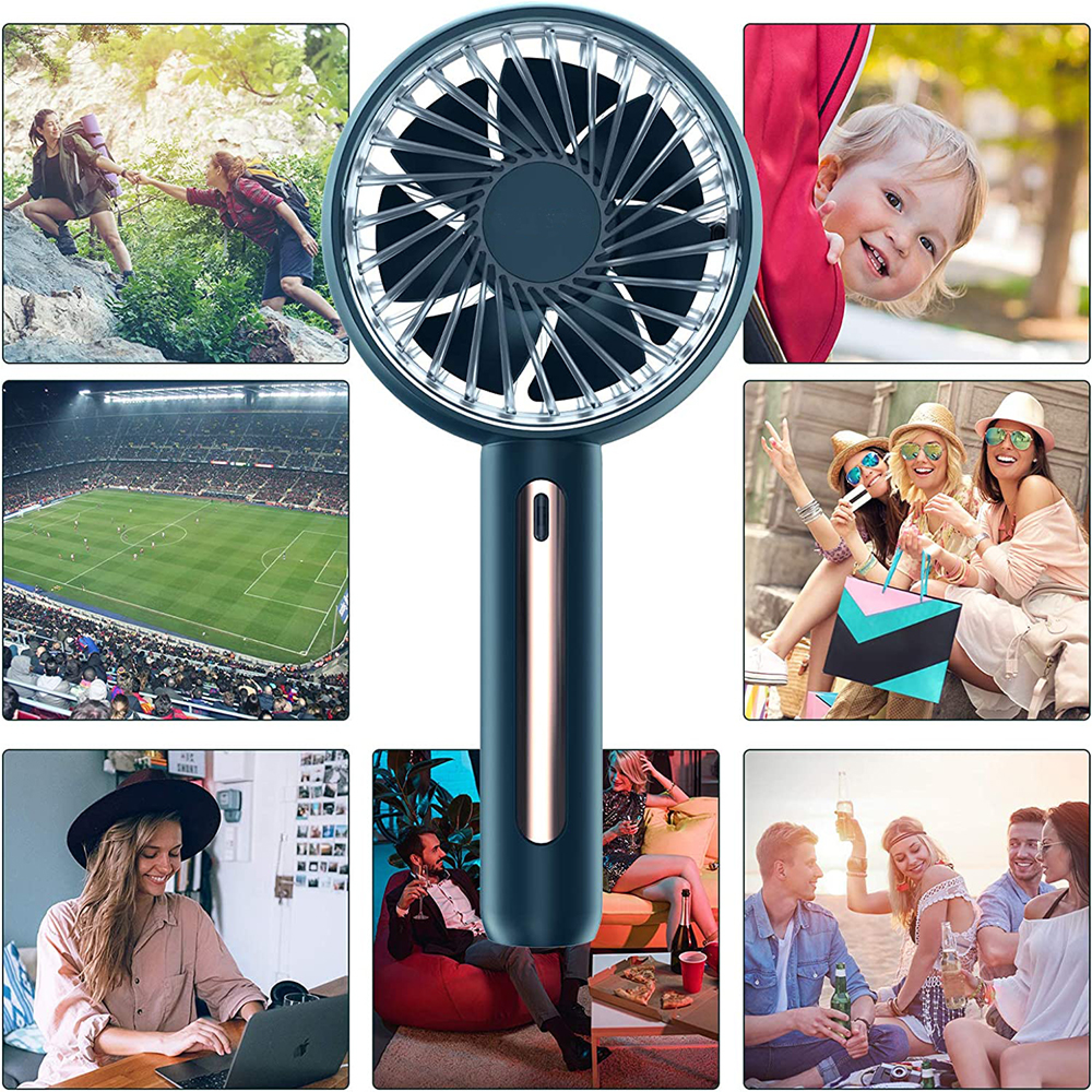 Eine Collage zeigt Wandern, ein Baby, ein Fußballspiel, Freunde beim Einkaufen, eine Frau am Laptop, Party und Strand.