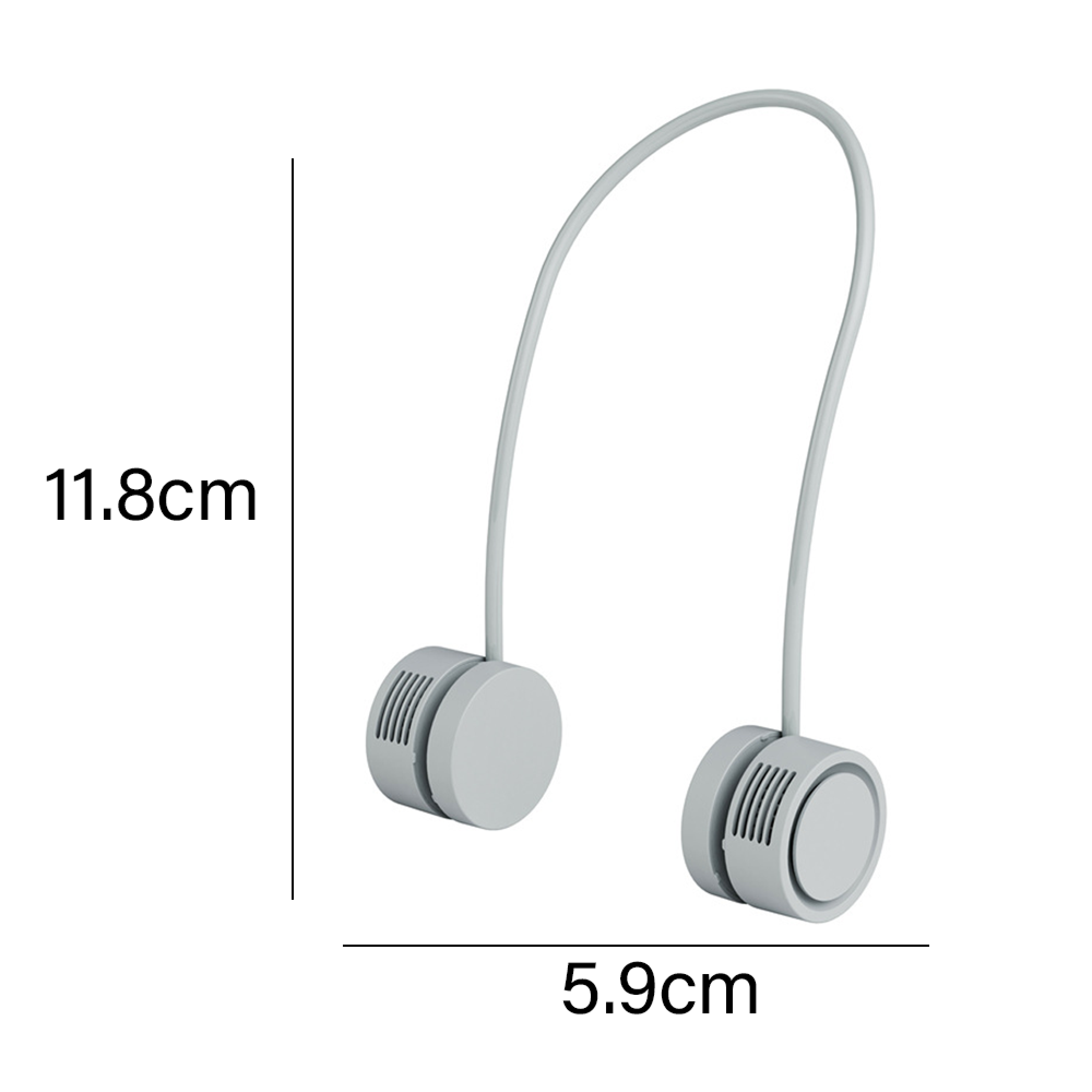 Grauer Nackenventilator mit zwei Lüfterköpfen und Größenangaben.