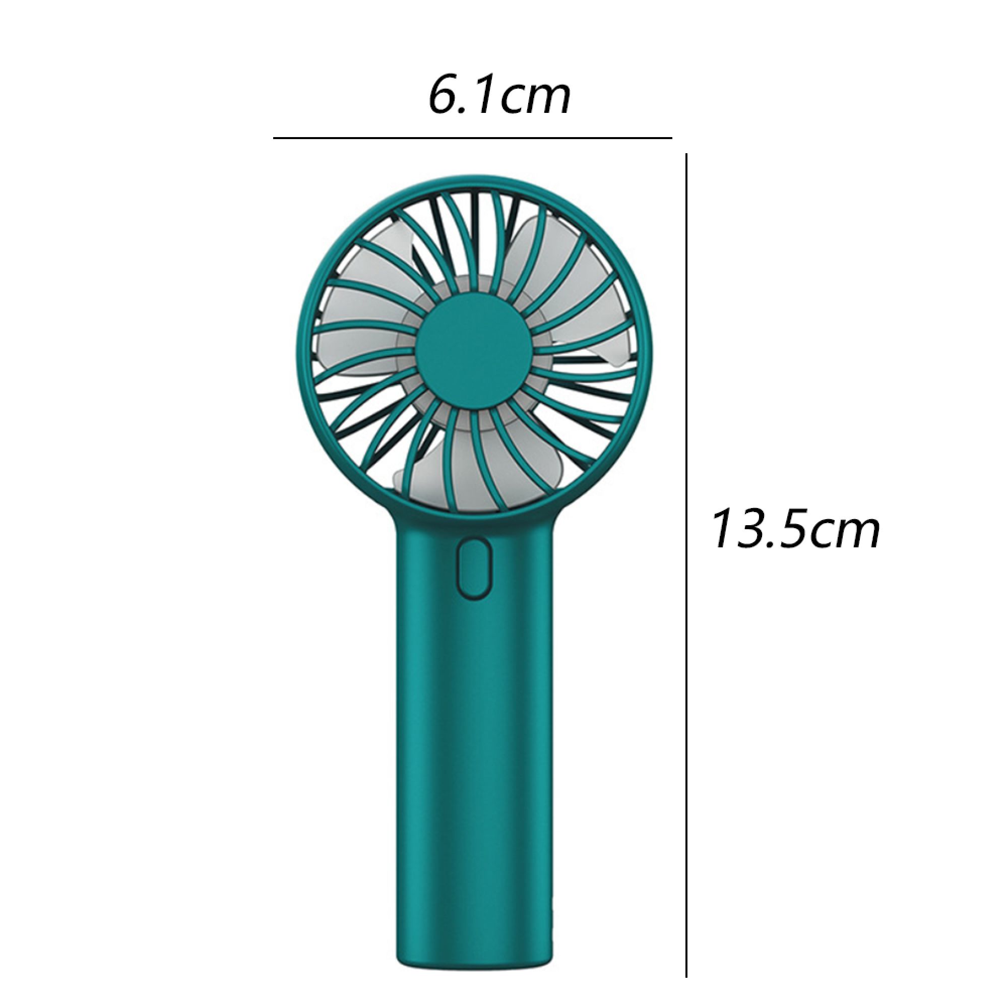 Ein kleiner, türkisfarbener Handventilator mit weißen Rotorblättern.