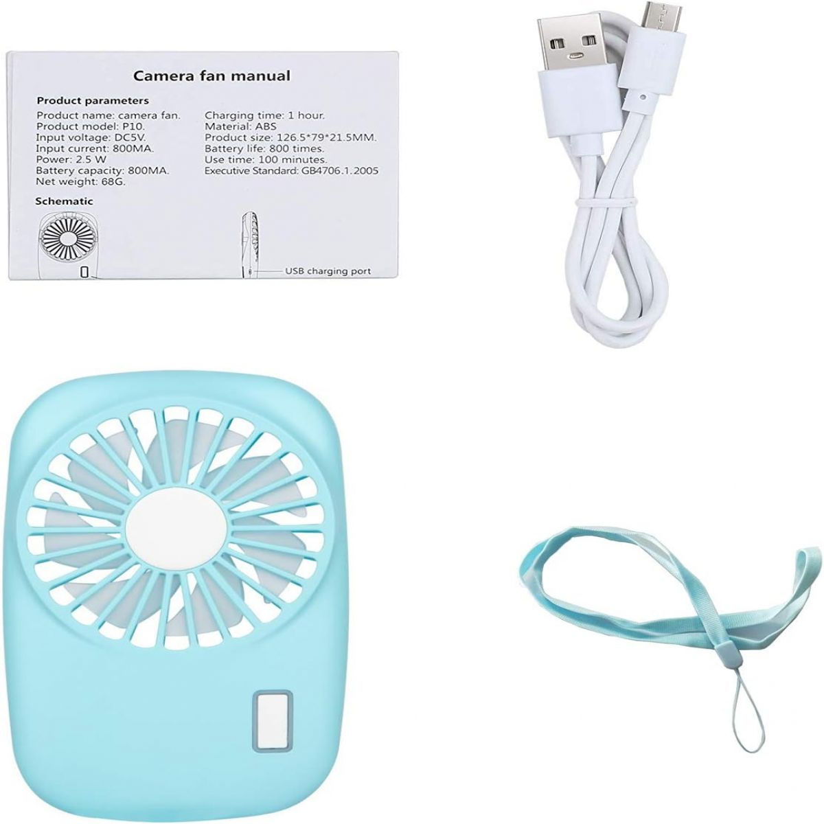 Ein blauer Mini-Ventilator mit USB-Kabel und Lanyard auf weißem Hintergrund.