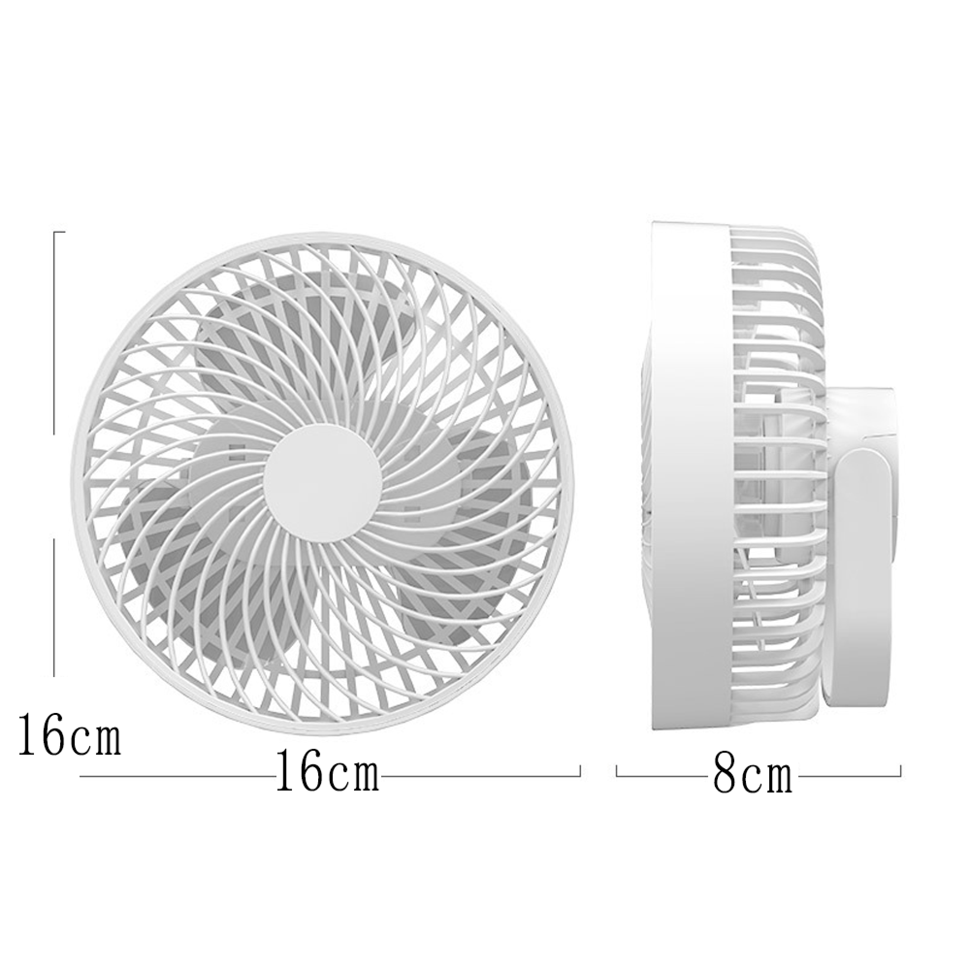 Ein weißer Ventilator mit Maßen von 16x16x8 cm wird gezeigt.