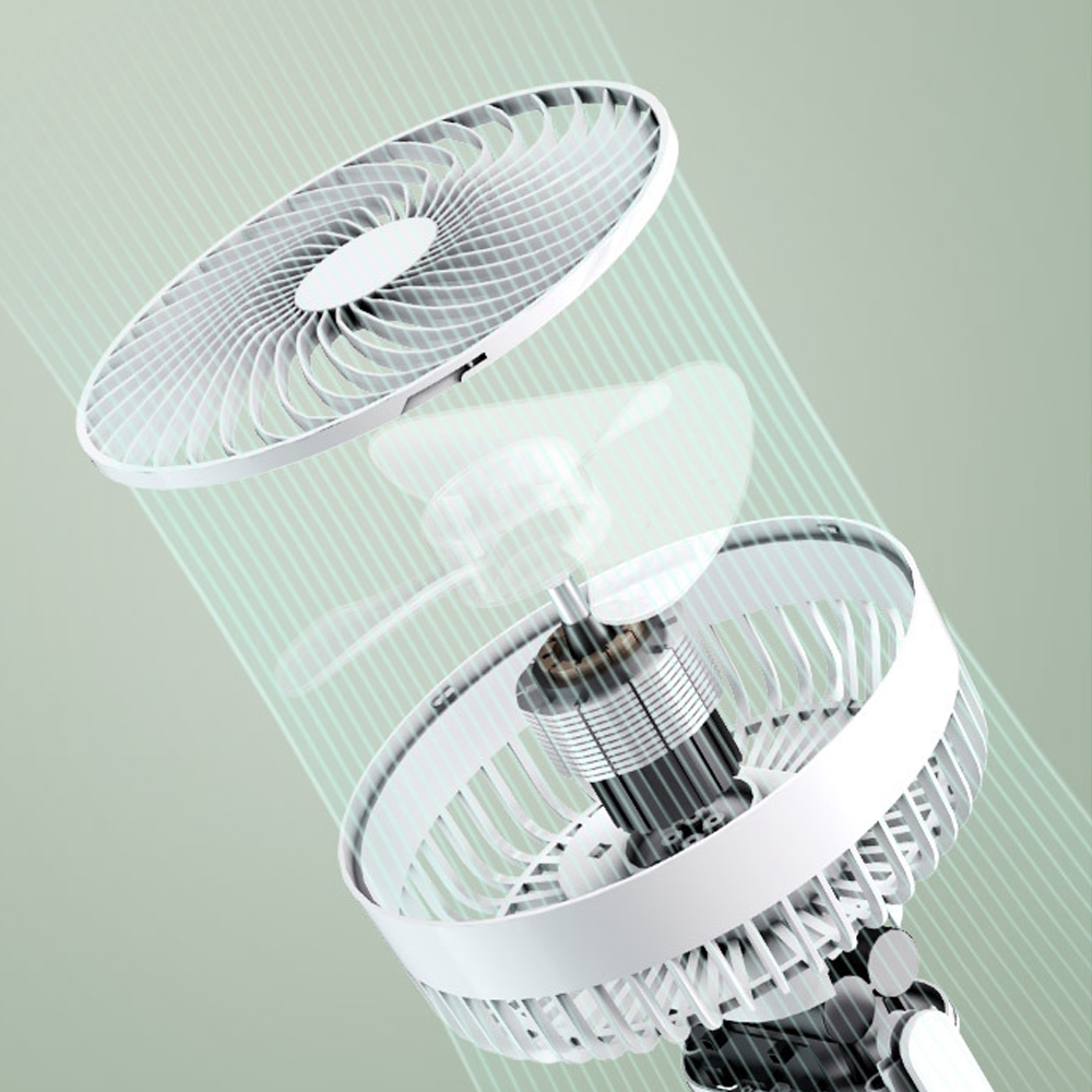 Zerlegter weißer Ventilator mit sichtbarem Motor und Rotorblättern.