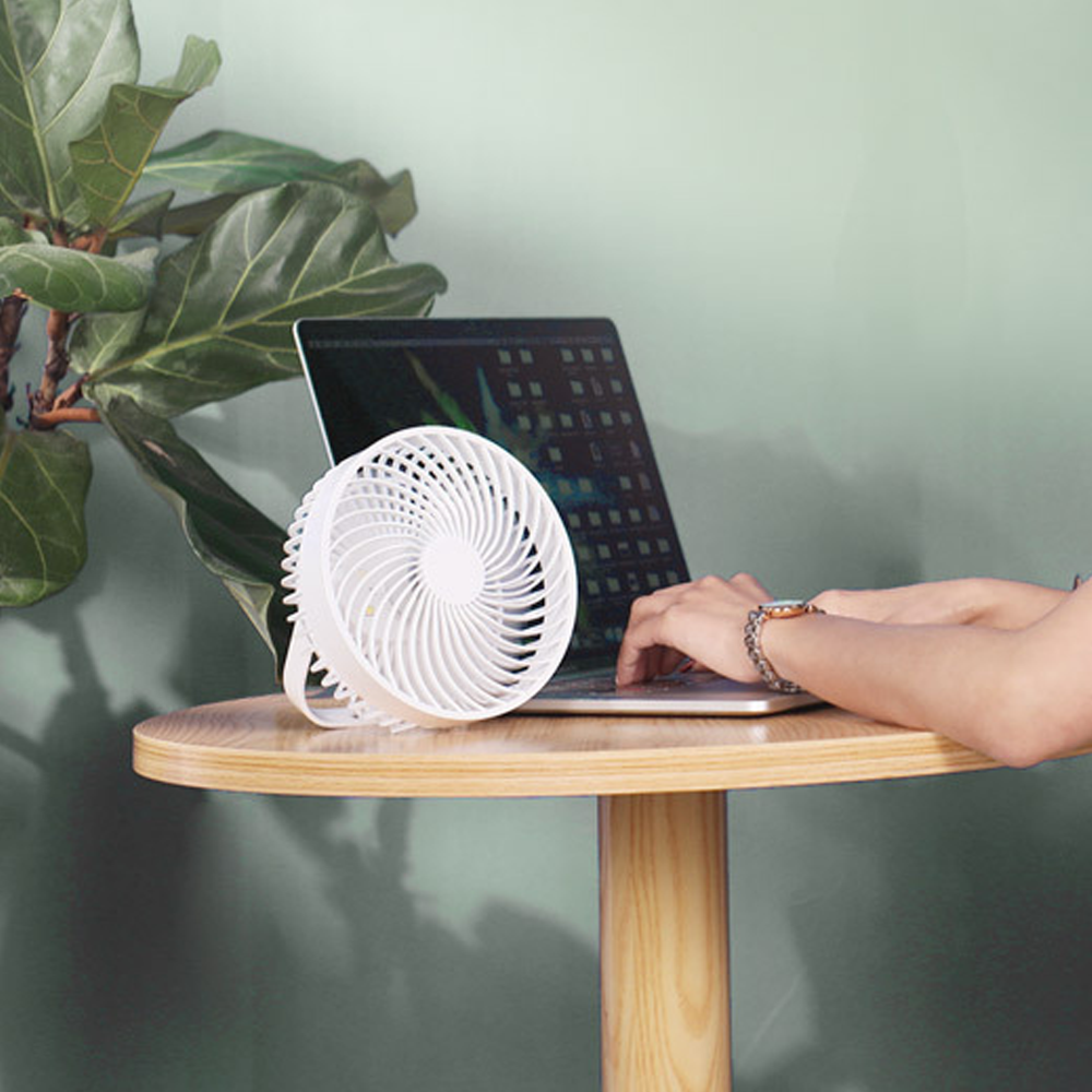 Ein weißer Ventilator und ein Laptop auf einem Holztisch mit einer Pflanze daneben.