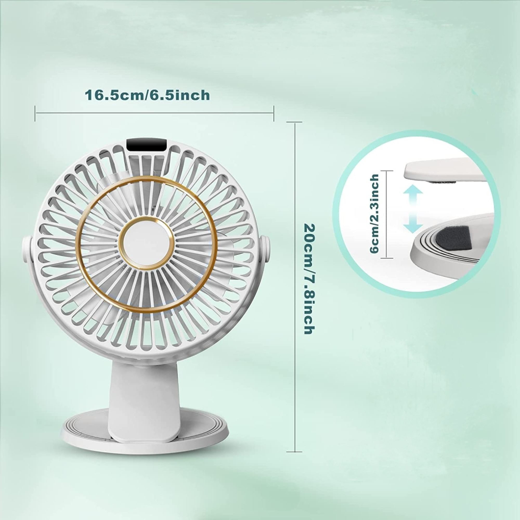 Ein weißer Tischventilator mit goldenem Ring und Maßangaben.