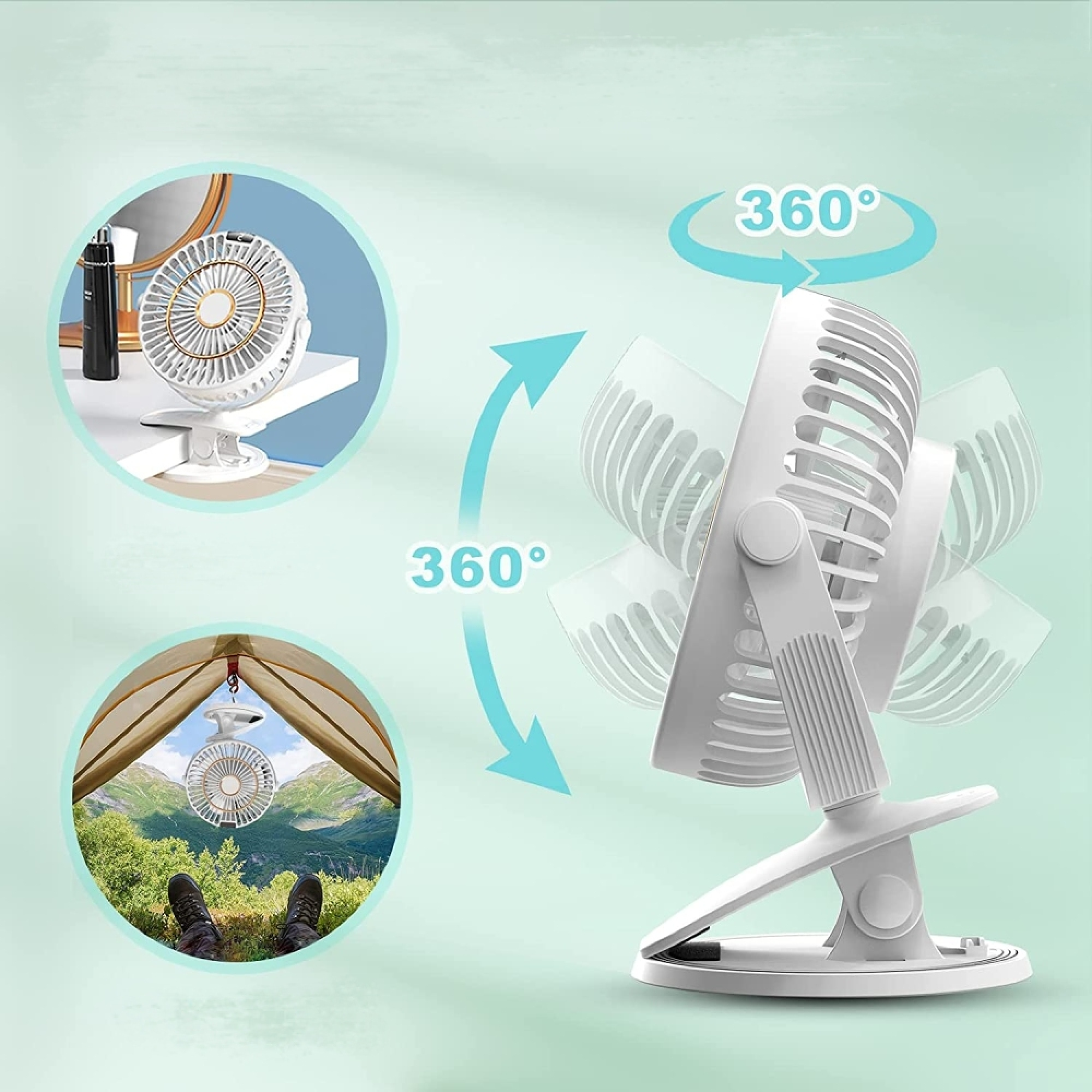 Weißer Clip-Ventilator auf einem Schreibtisch und in einem Zelt, 360 Grad drehbar.