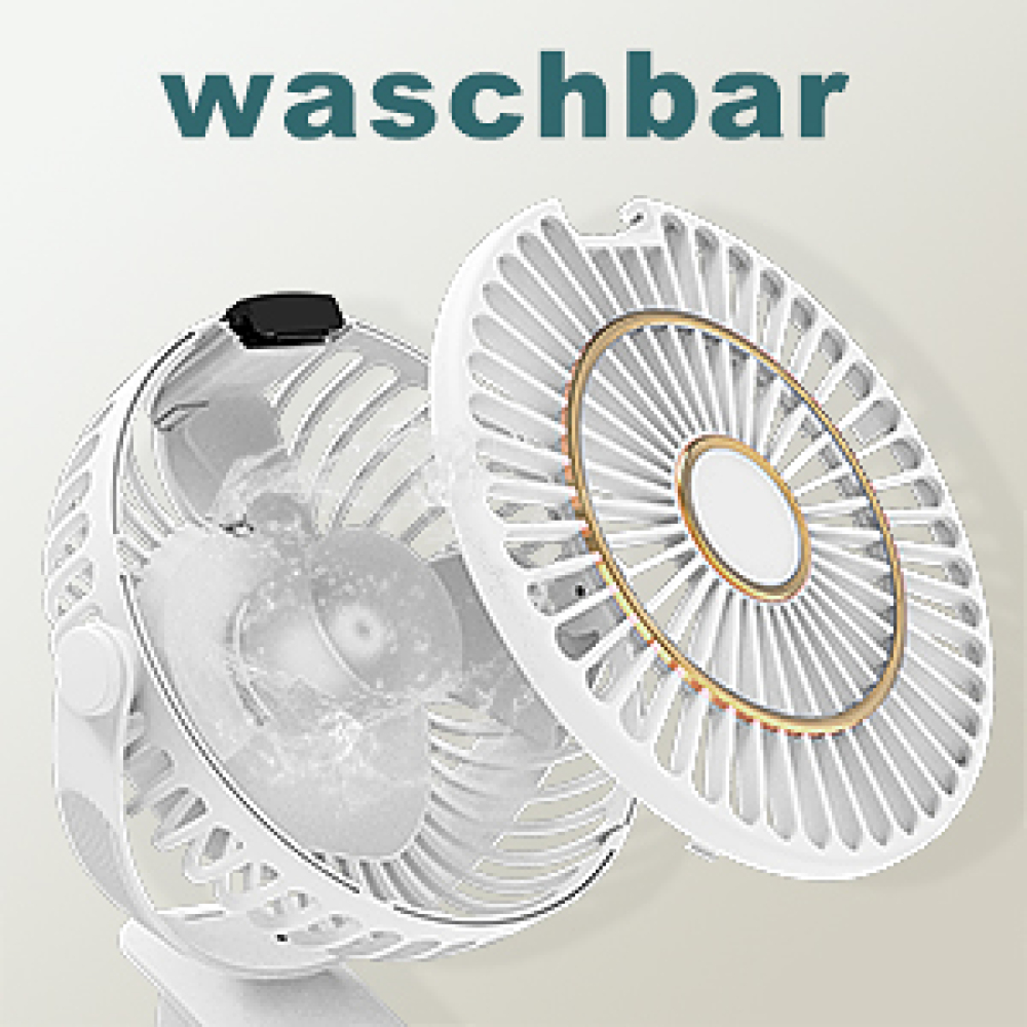 Ein weißer Ventilator mit abgenommenem Gitter, Text 