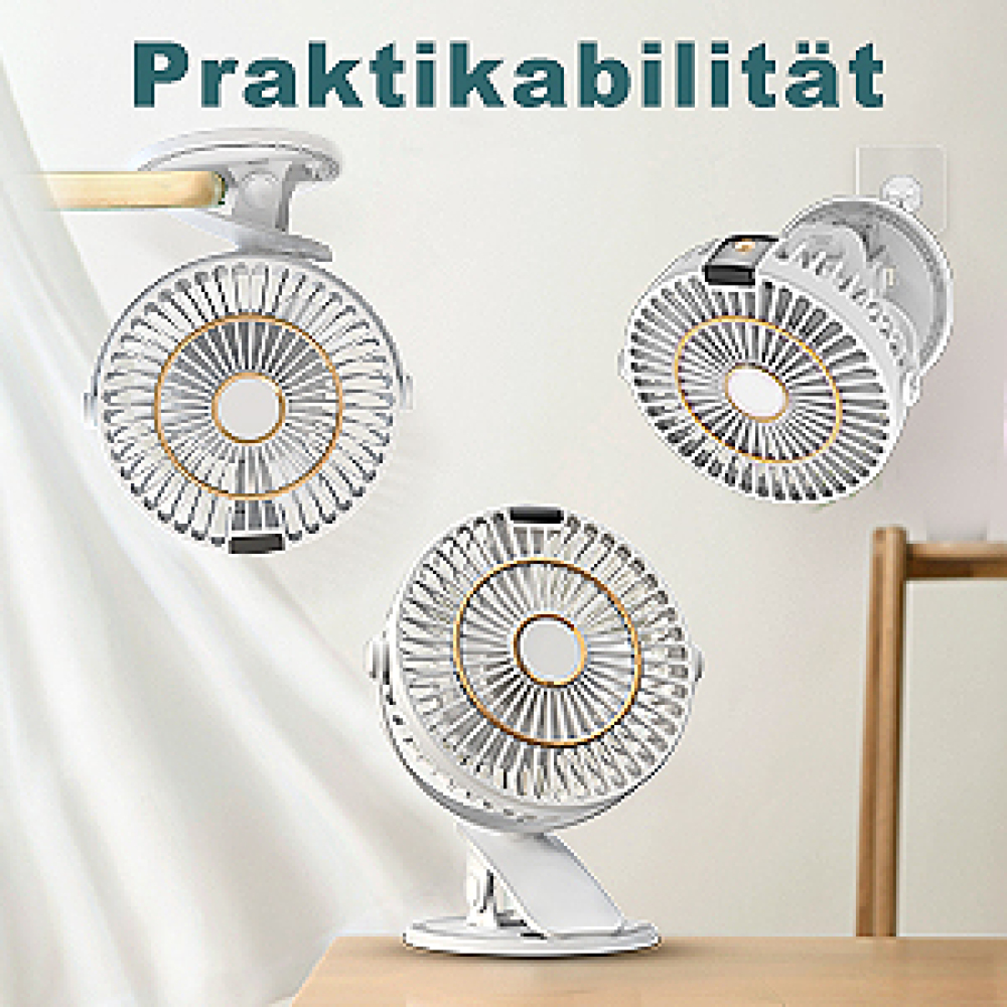 Drei weiße Clip-Ventilatoren mit goldenen Akzenten auf hellem Hintergrund.
