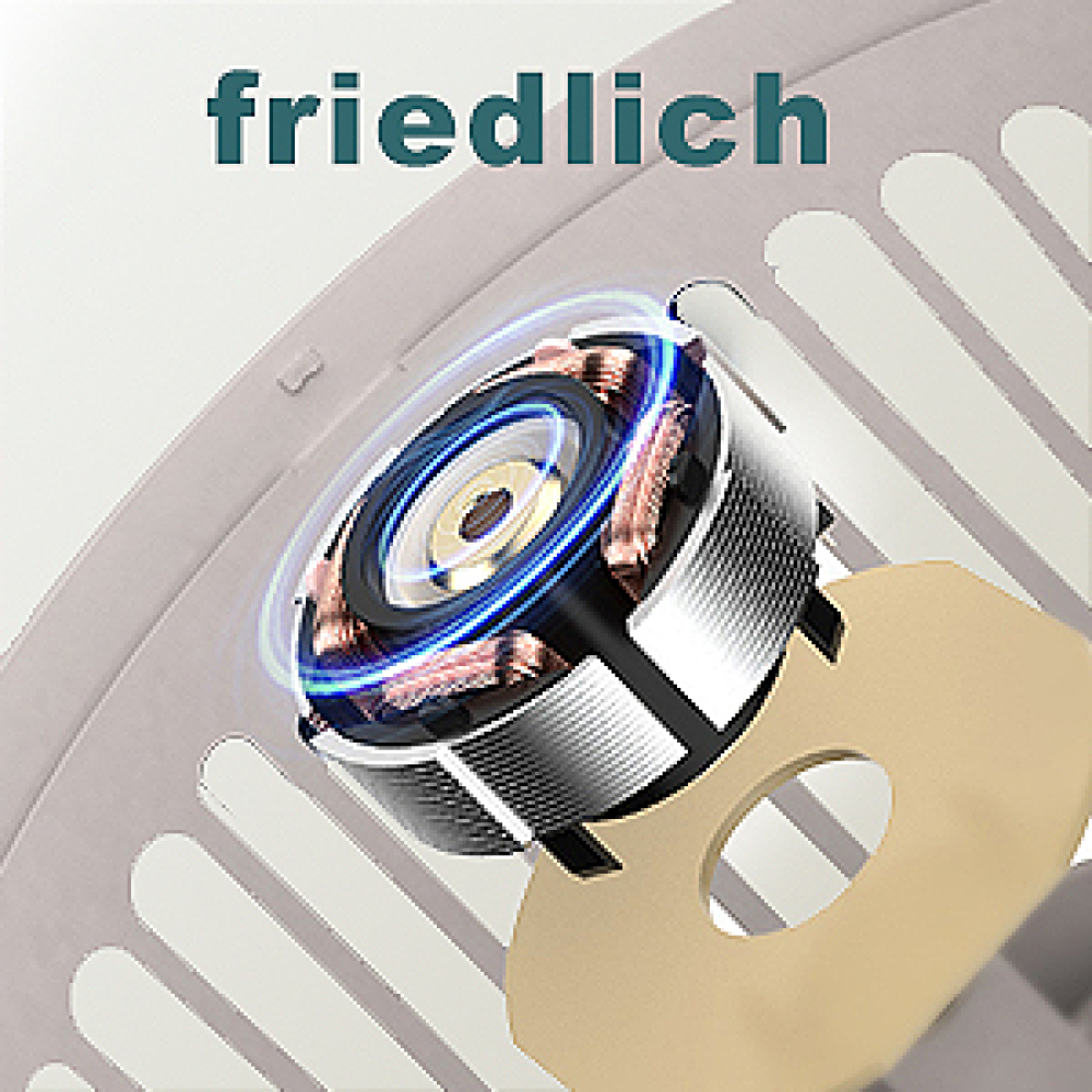 Ein Motor mit blauen Lichtern und Kupferwicklungen, mit dem Wort "friedlich".