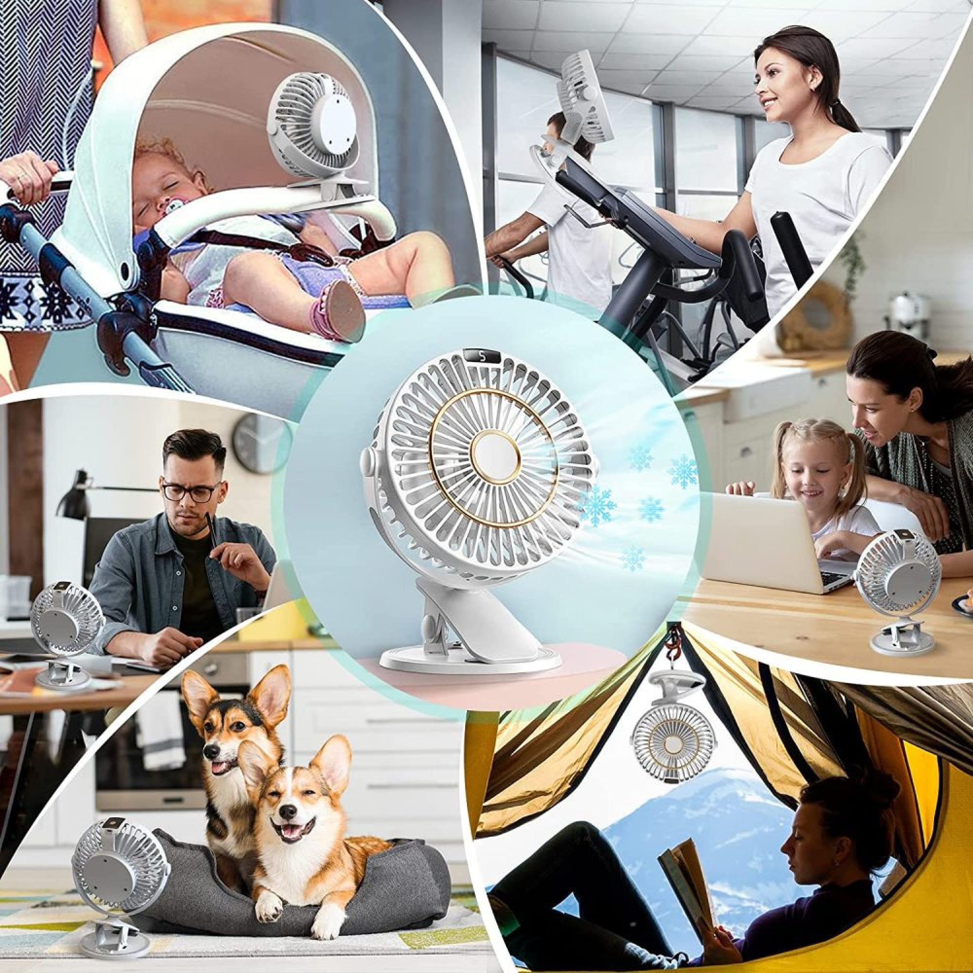 Ein Mosaik aus Szenen, die tragbare Lüfter zeigen, die in Kinderwagen, Fitnessstudios, Büros, Zelten und neben Hunden verwendet werden.