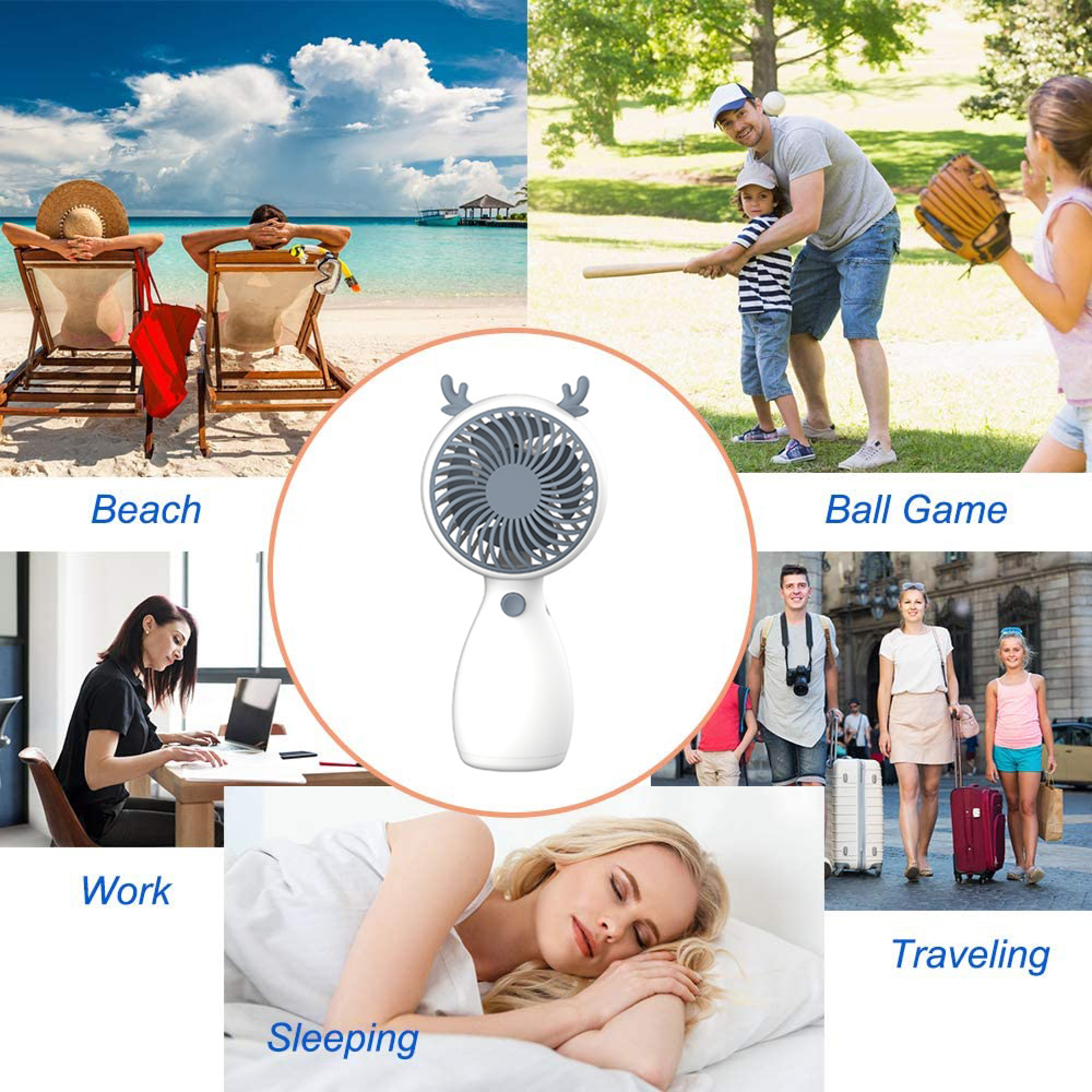 Collage: Strand, Ballspiel, Arbeit, Schlafen, Reisen und ein Ventilator.