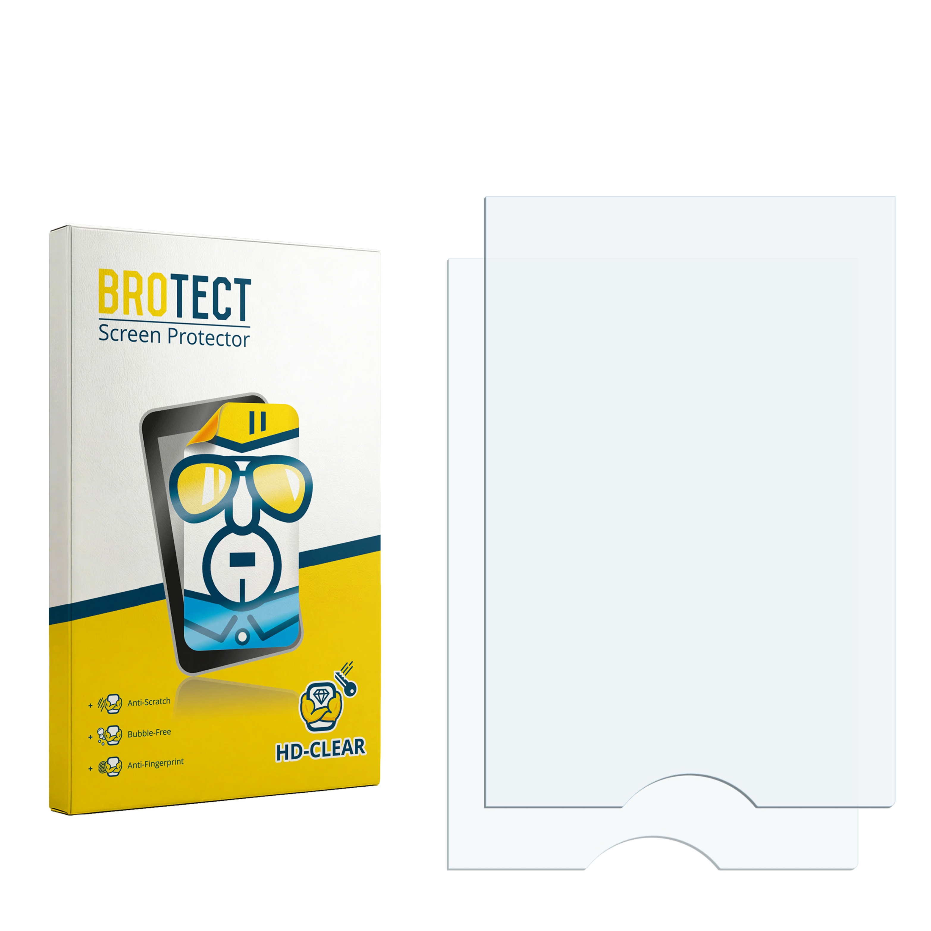 Verpackung für BROTECT Displayschutzfolie mit zwei Schutzfolien daneben.