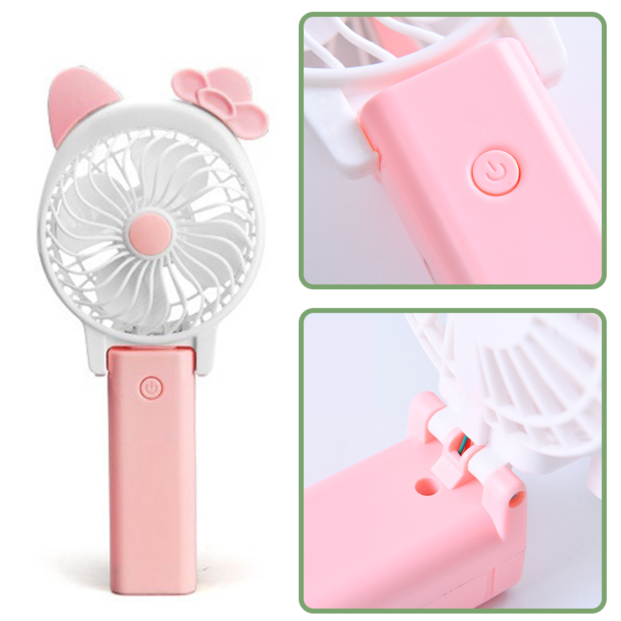 Ein rosa und weißer faltbarer Ventilator mit Katzenohren und Schleife.