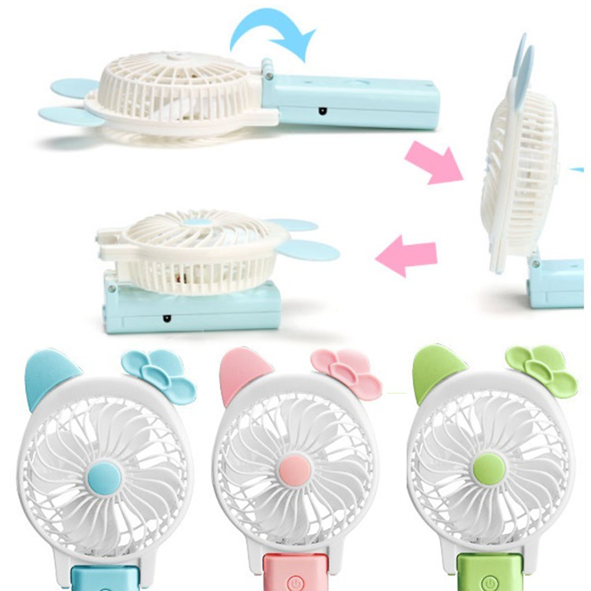 Drei kleine Ventilatoren mit Hasenohren und Schleifen, blau, rosa und grün.